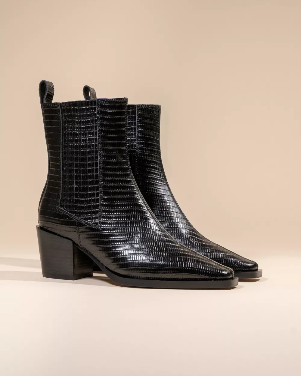 BLACK LIZARD LOW BOOTS WITH SMALL BLOCK HEEL JANE II BLACK LIZARD