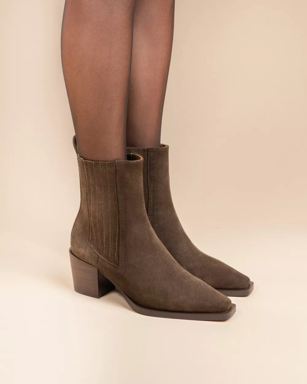 KHAKI SUEDE LOW BOOTS WITH SMALL BLOCK HEEL JANE II KHAKI SUEDE