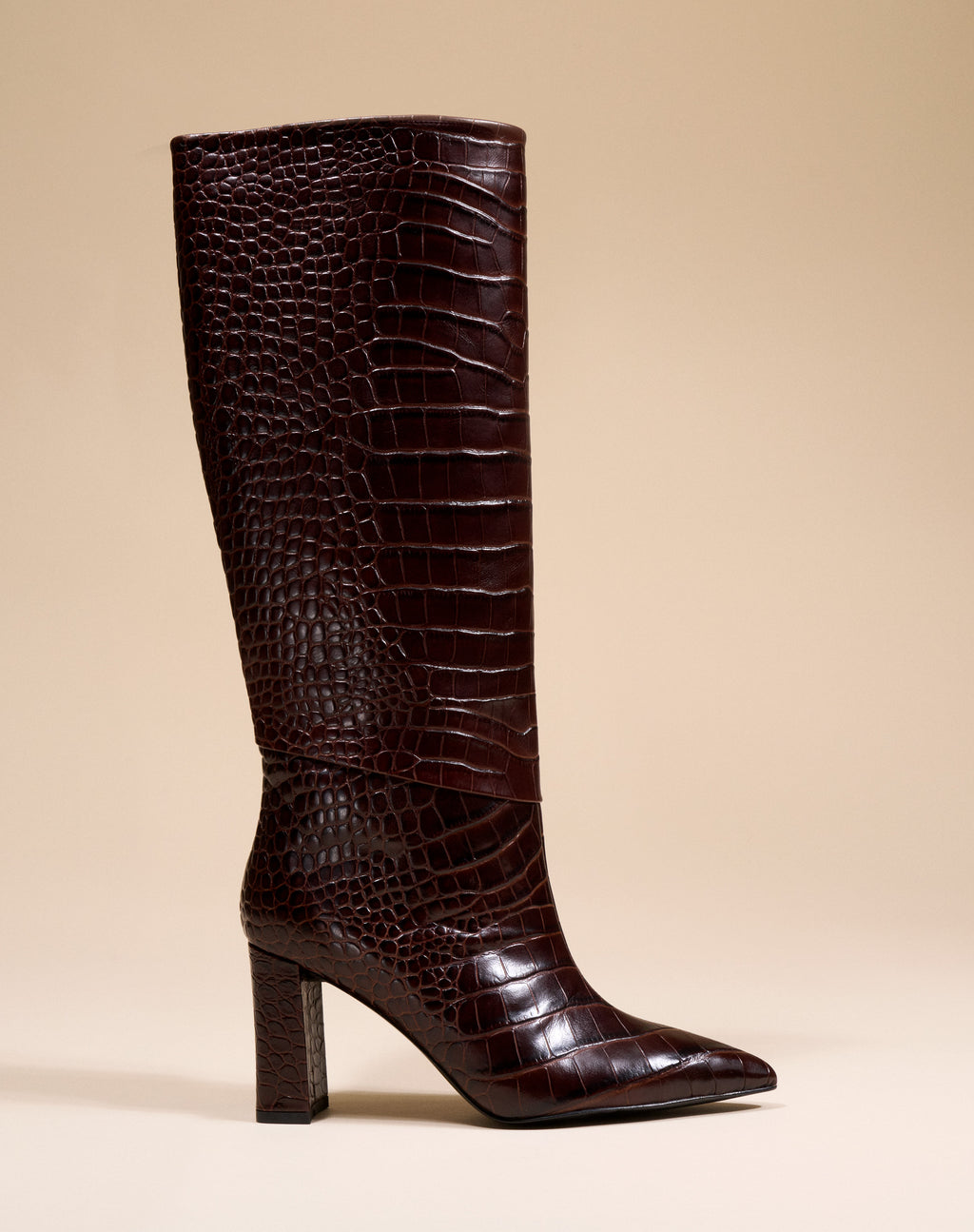 CHOCOLATE CROCODILE FASHION BOOTS WITH HIGH BLOCK HEEL WASSILY CHOCOLATE CROC
