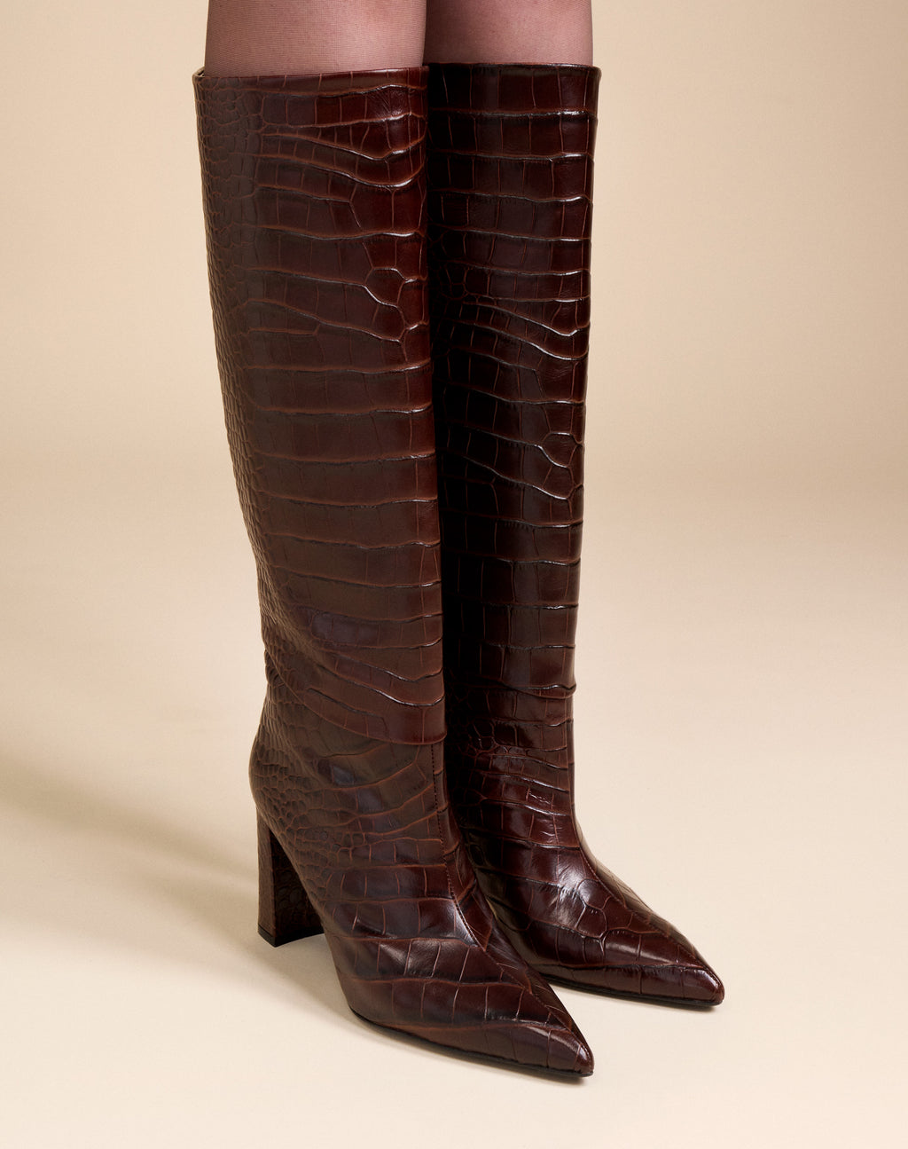 CHOCOLATE CROCODILE FASHION BOOTS WITH HIGH BLOCK HEEL WASSILY CHOCOLATE CROC