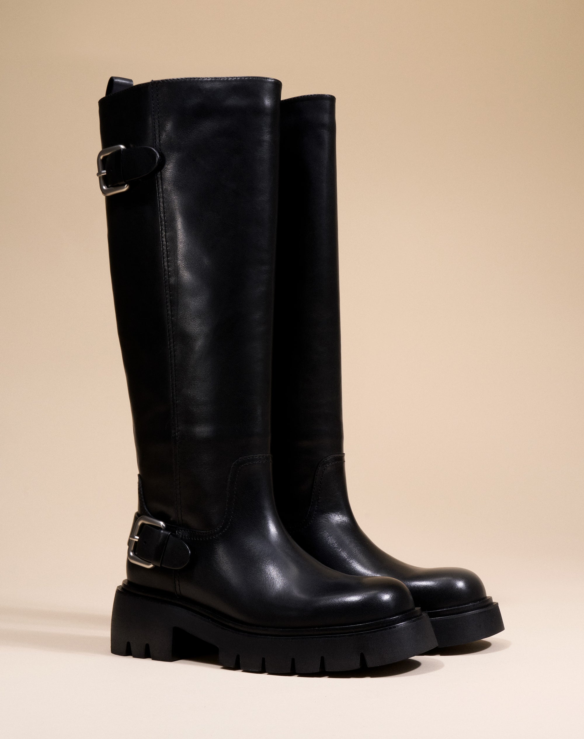 BOTTES NOIRES A SEMELLE CHUNKY CRANTEE EN CUIR HERPEN BLACK