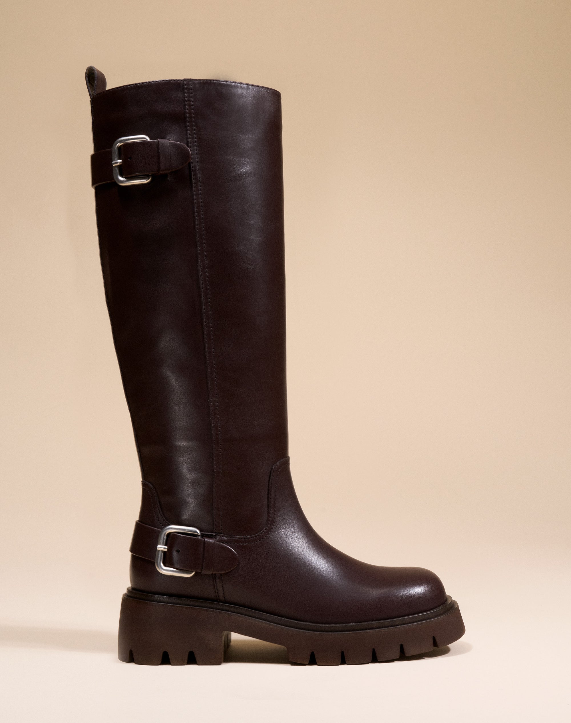 BOTTES CHOCOLAT A SEMELLE CHUNKY CRANTEE EN CUIR HERPEN CHOCOLATE