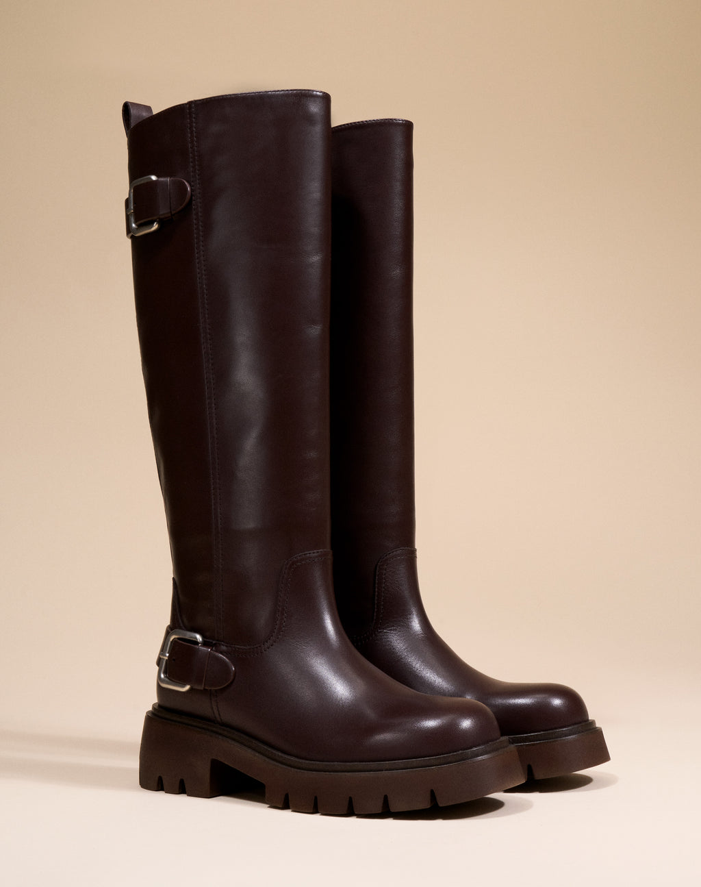 BOTTES CHOCOLAT A SEMELLE CHUNKY CRANTEE EN CUIR HERPEN CHOCOLATE