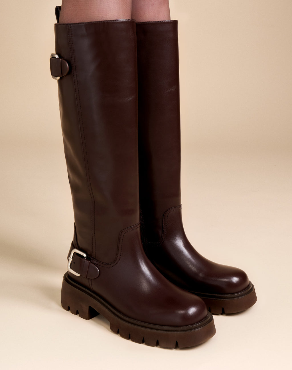 BOTTES CHOCOLAT A SEMELLE CHUNKY CRANTEE EN CUIR HERPEN CHOCOLATE