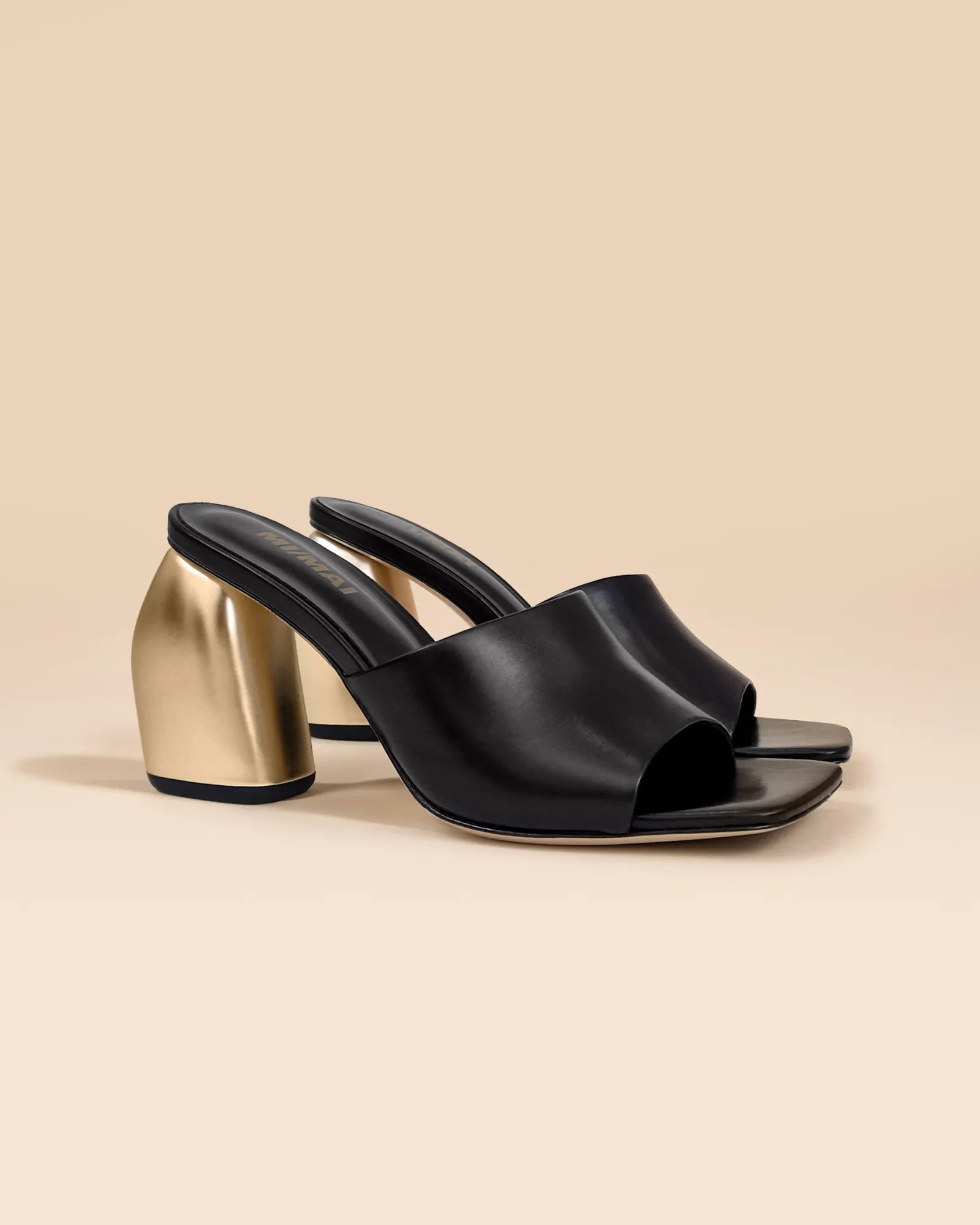 Mule en cuir noir à large talon haut doré Gemma High Black Gold