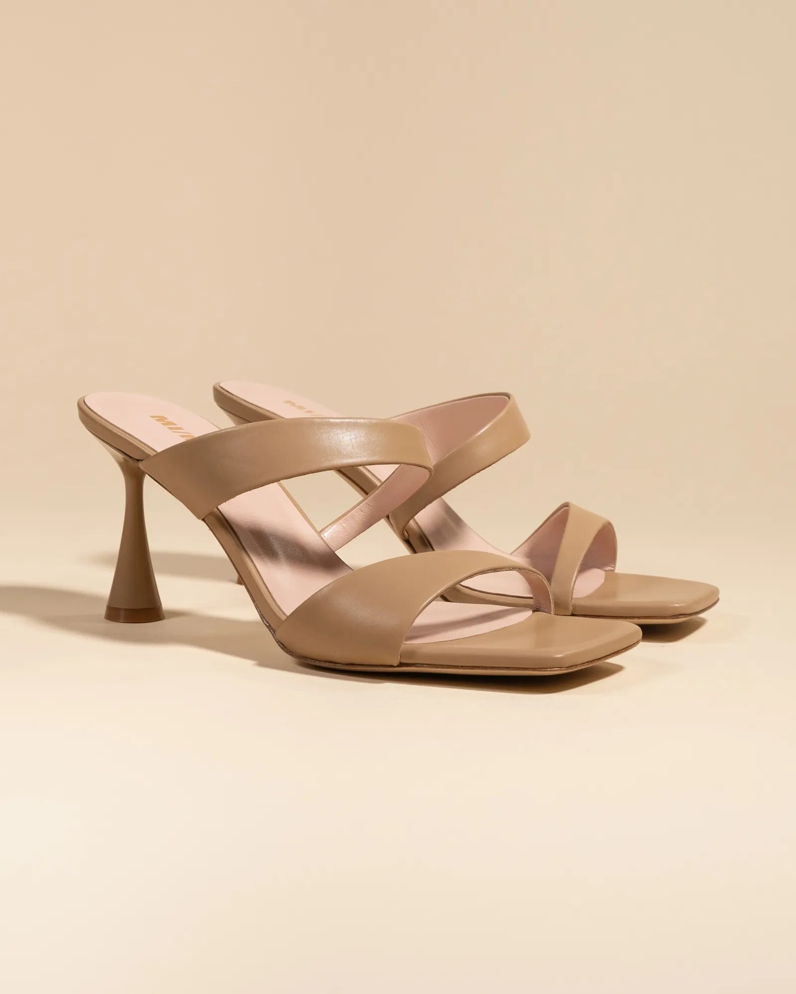 Tara Nude beige leather high-heeled, square-toe mule sandal