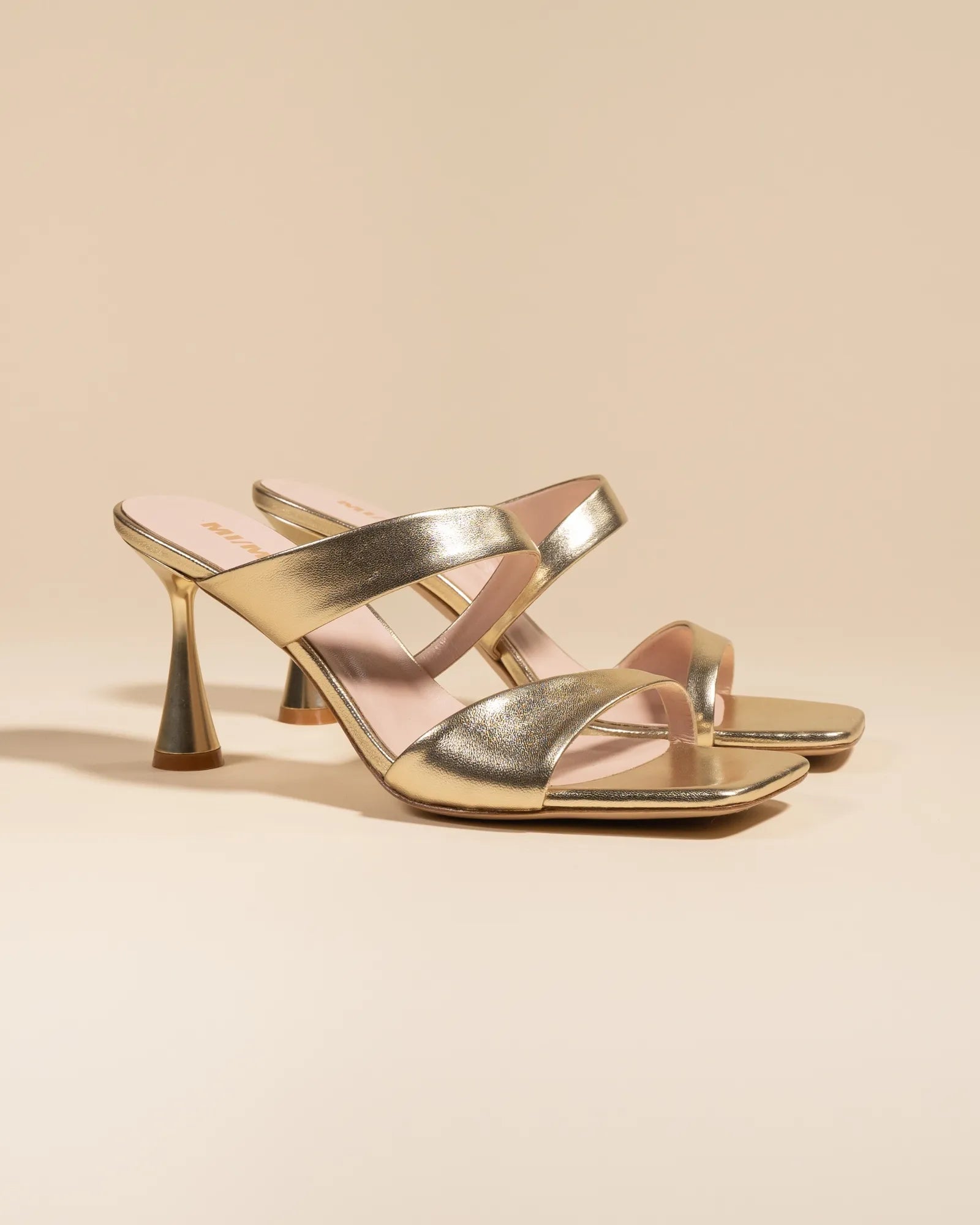 Tara Gold Nappa high-heeled, square-toe mule sandal in gold leather