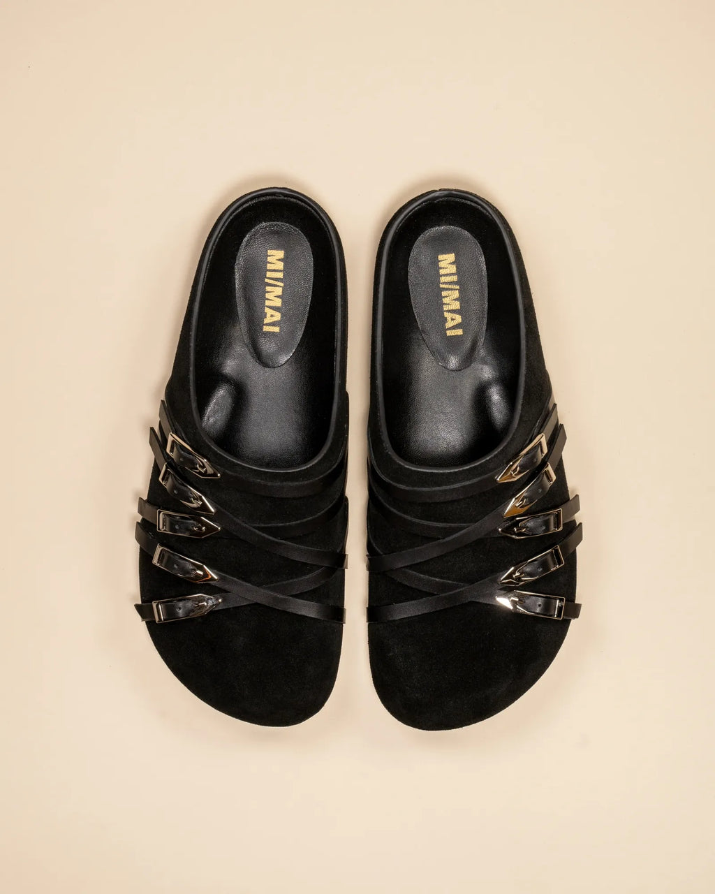 Mules sabots à brides et boucles en daim noir Toledo Black Suede