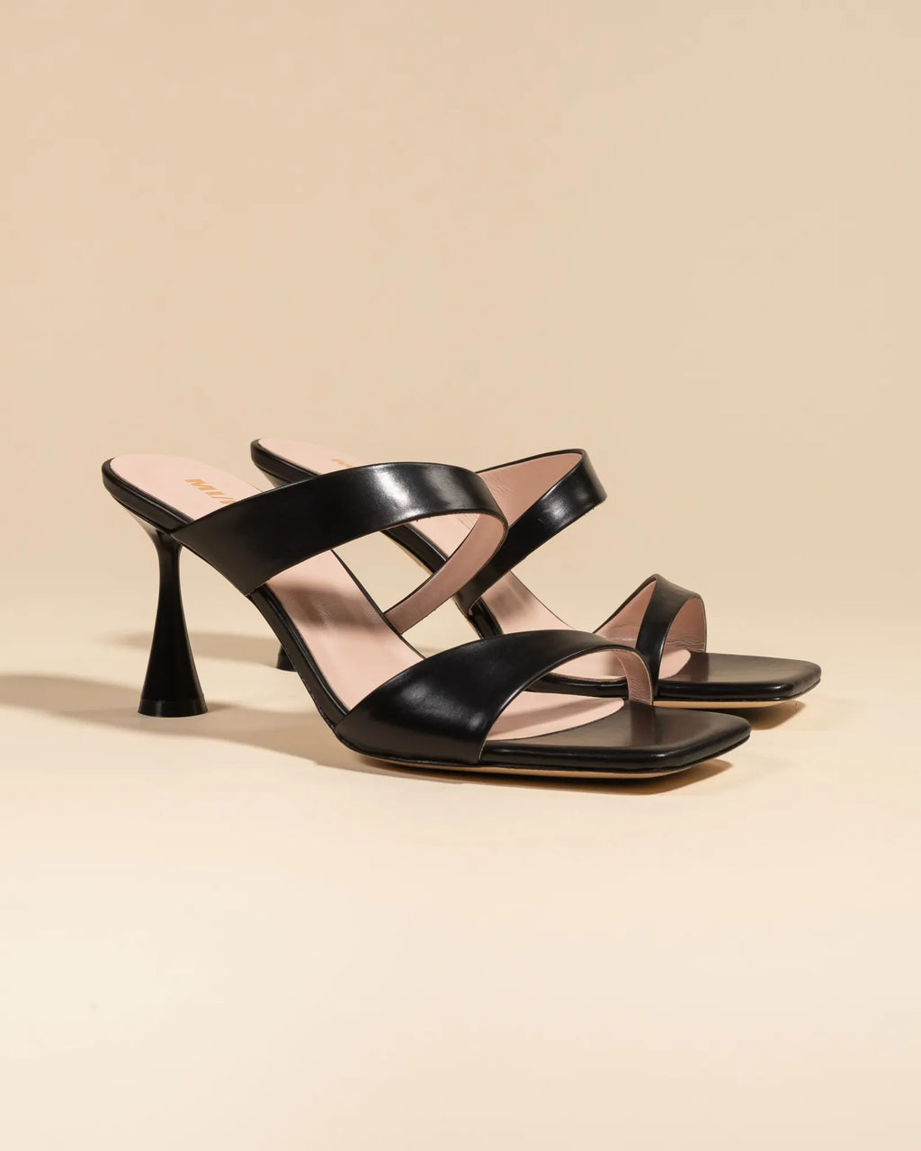 Tara Black high-heeled, square-toe leather mule sandal