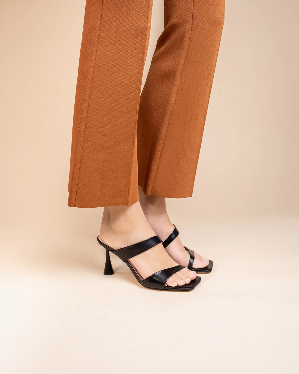 Tara Black high-heeled, square-toe leather mule sandal