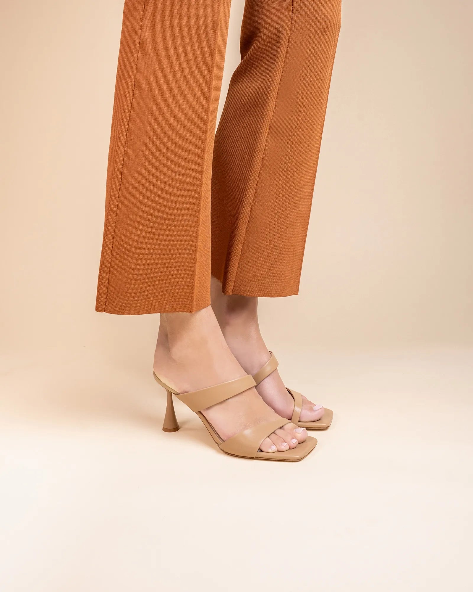Tara Nude beige leather high-heeled, square-toe mule sandal