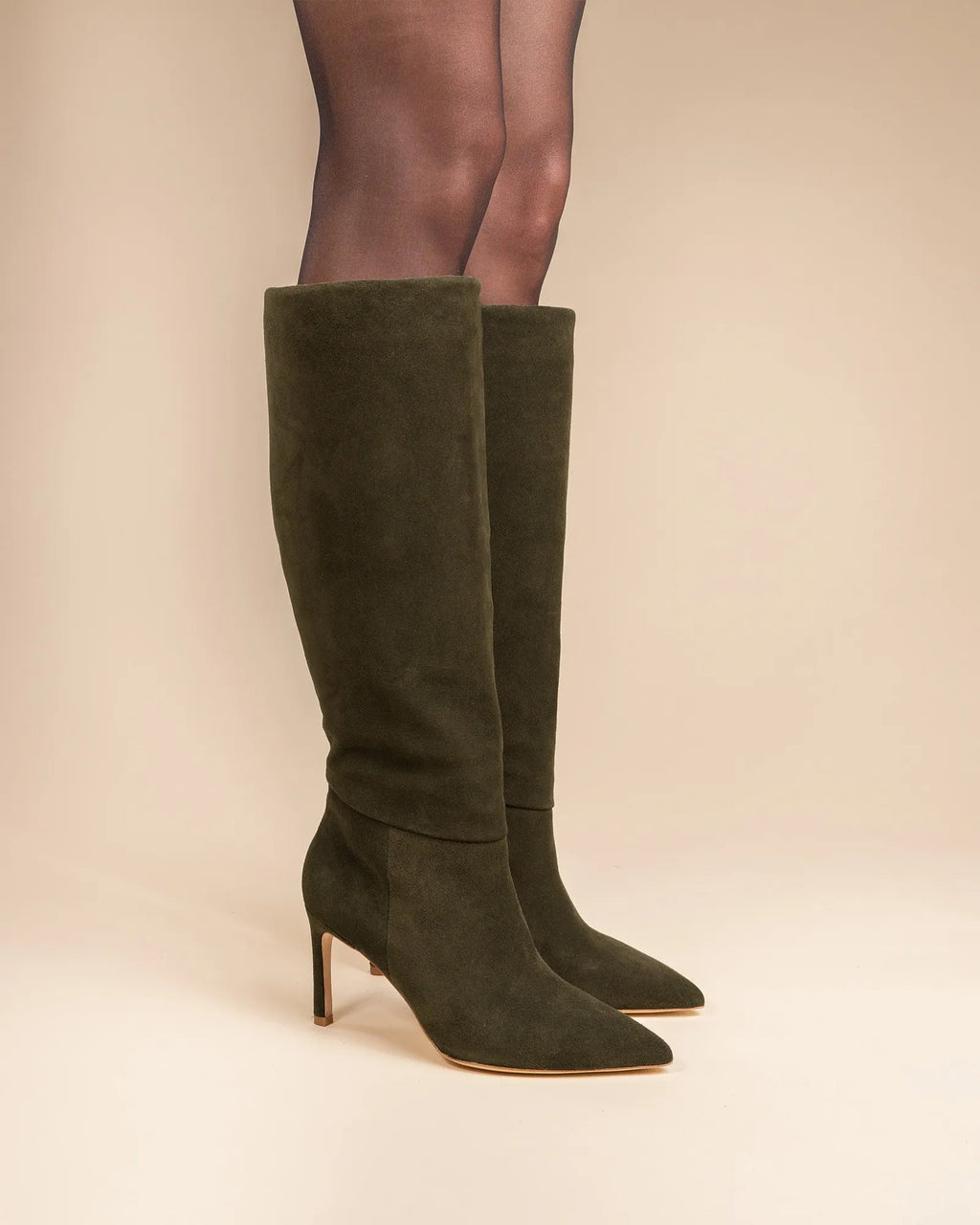 Khaki suede boots with stiletto heel, Coco khaki suede