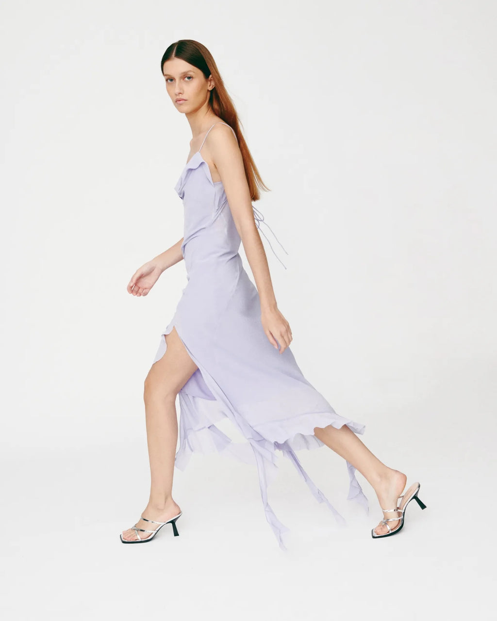 Mule multibrides à talon haut et bout carré en cuir argenté Isamu Silver