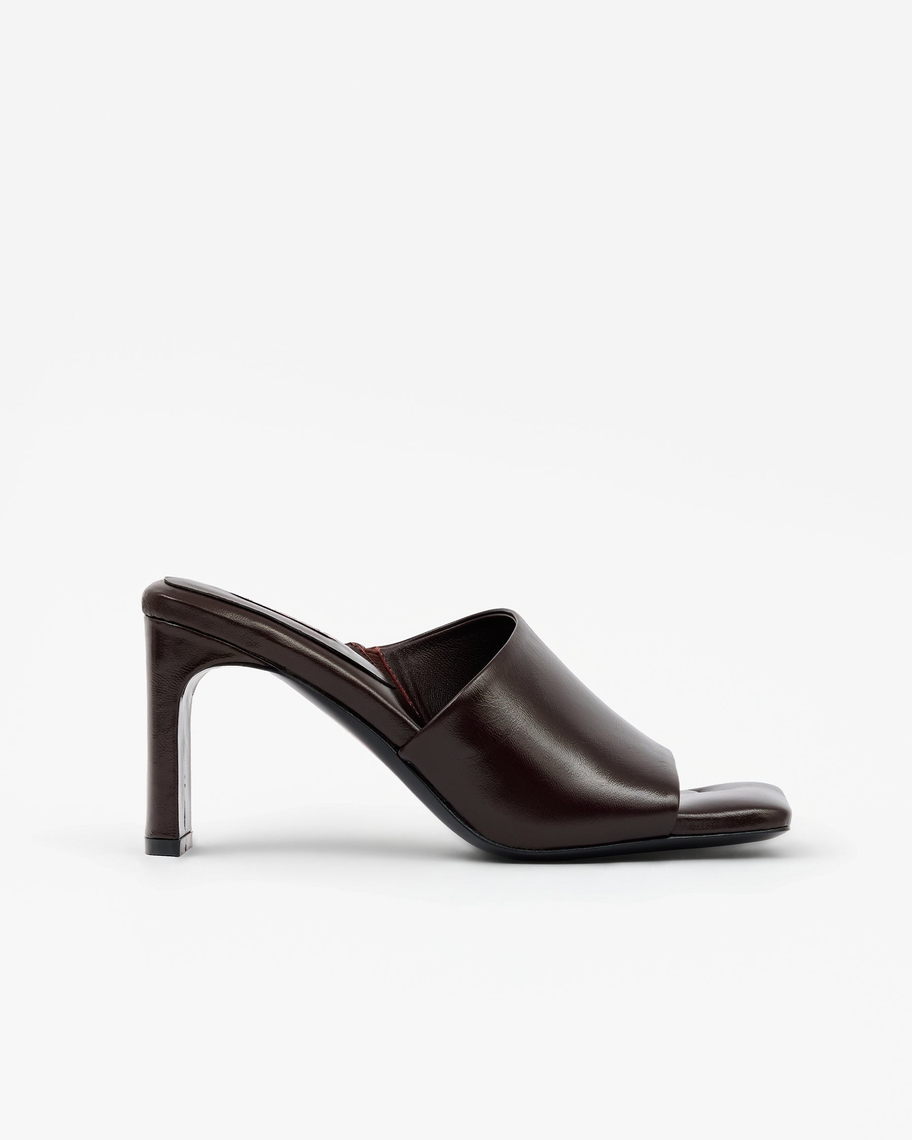 Isamu Chocolate Patent multi-strap mule with high heel and square toe in brown patent leather