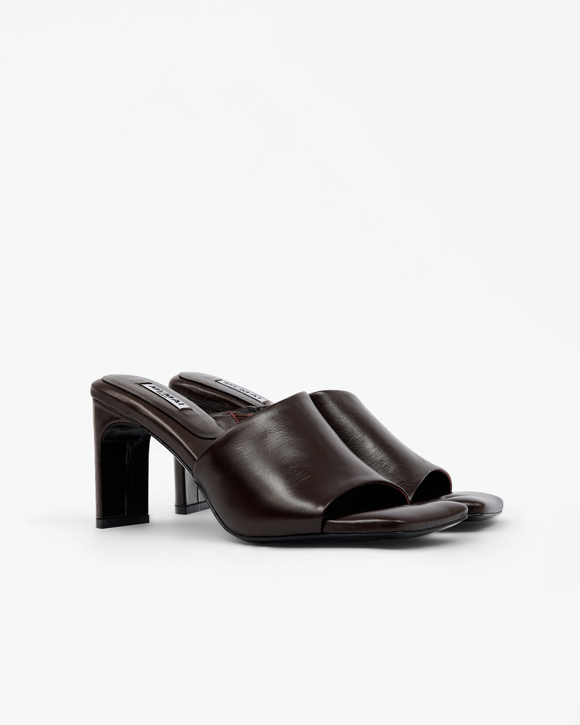 Isamu Chocolate Patent multi-strap mule with high heel and square toe in brown patent leather
