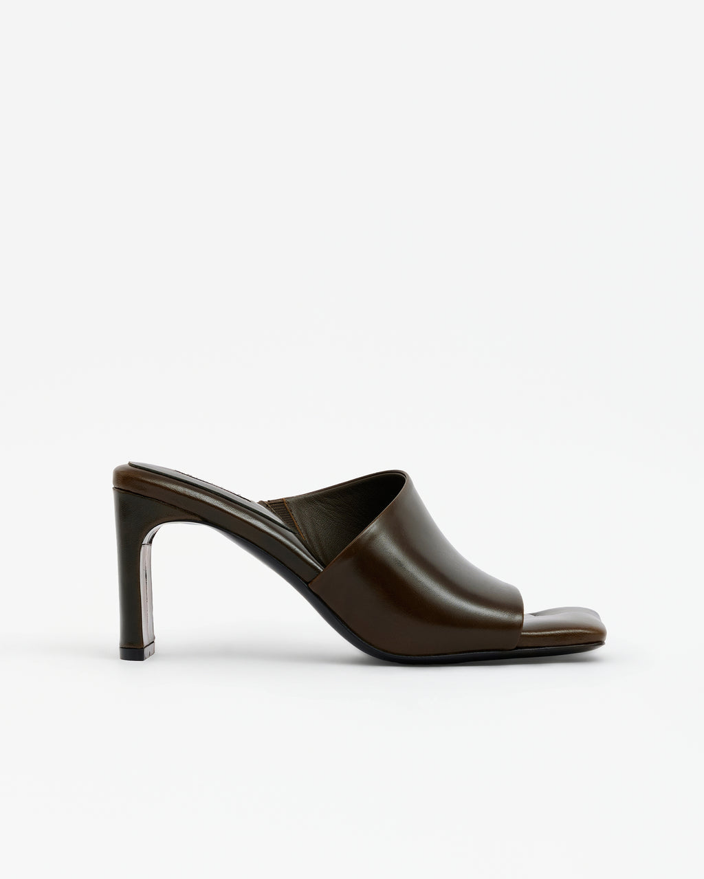 Isamu Chocolate Patent multi-strap mule with high heel and square toe in brown patent leather