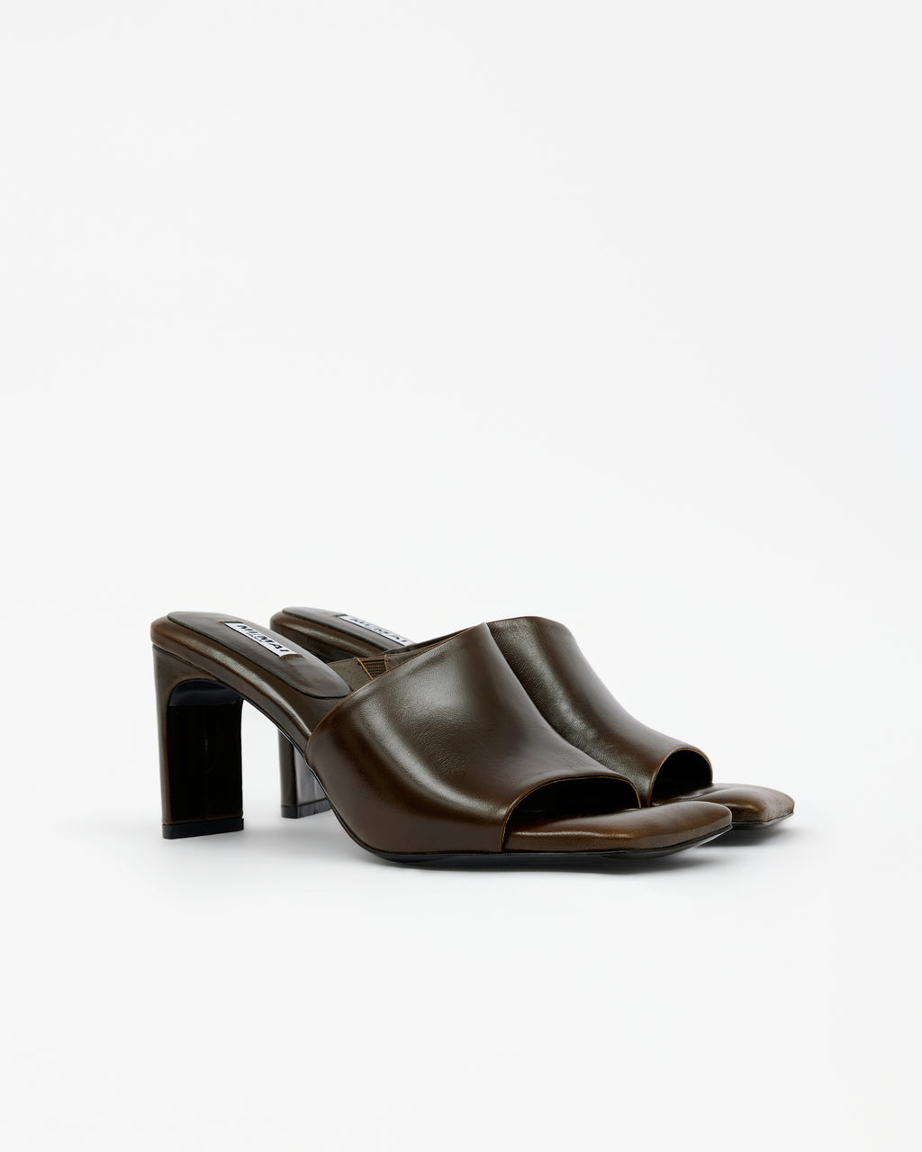 Isamu Chocolate Patent multi-strap mule with high heel and square toe in brown patent leather