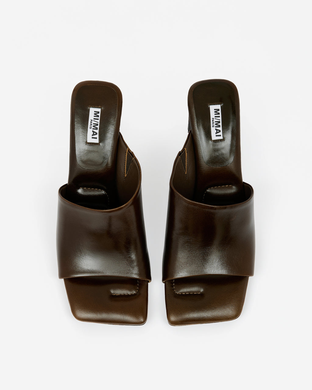 Isamu Chocolate Patent multi-strap mule with high heel and square toe in brown patent leather