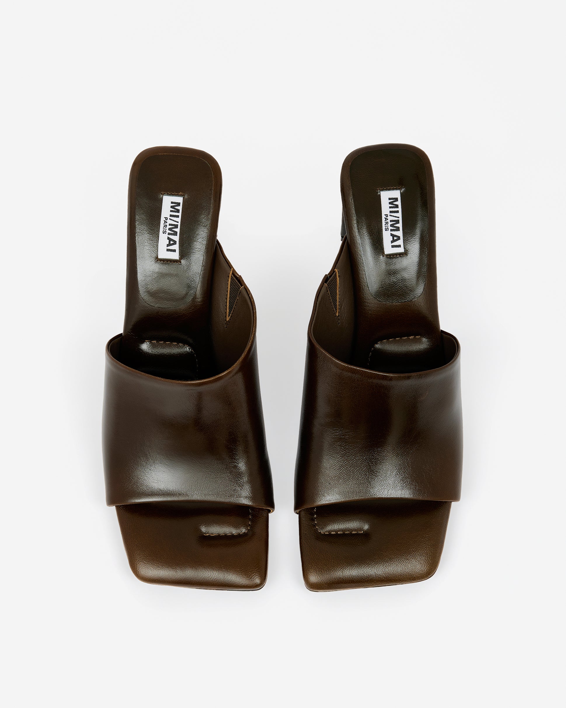 Isamu Chocolate Patent multi-strap mule with high heel and square toe in brown patent leather