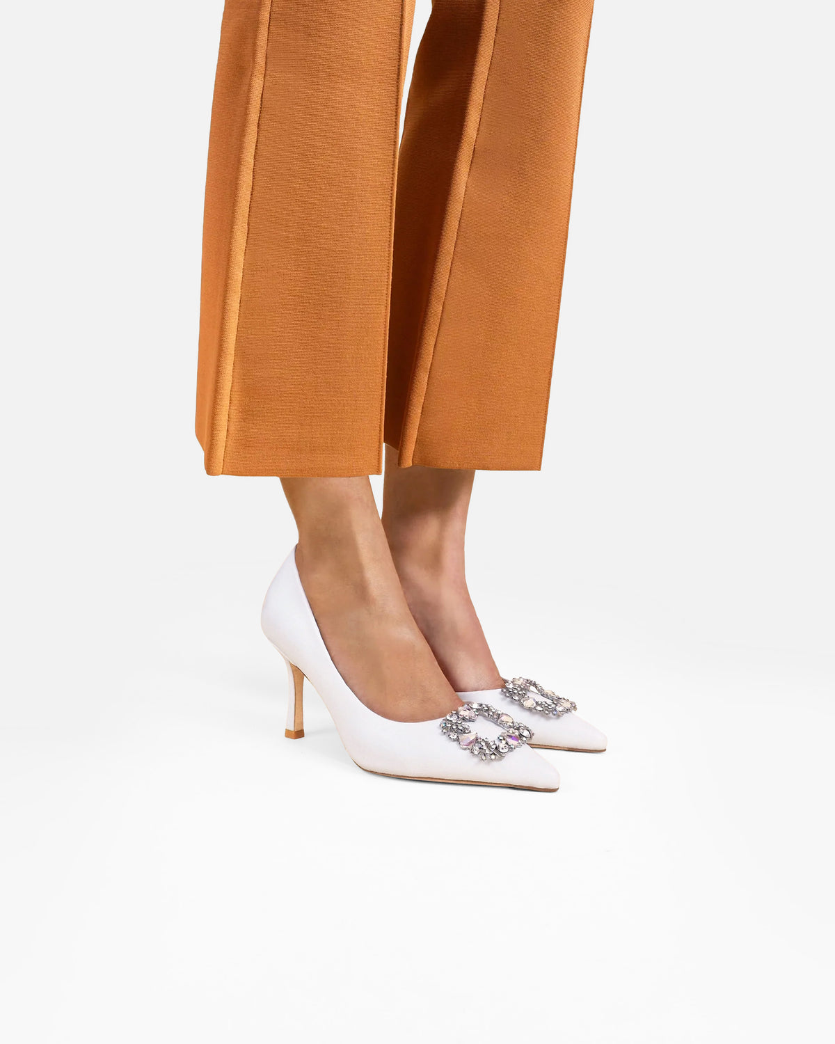Astoria White Leather white leather pumps with crystal and rhinestone embellishments