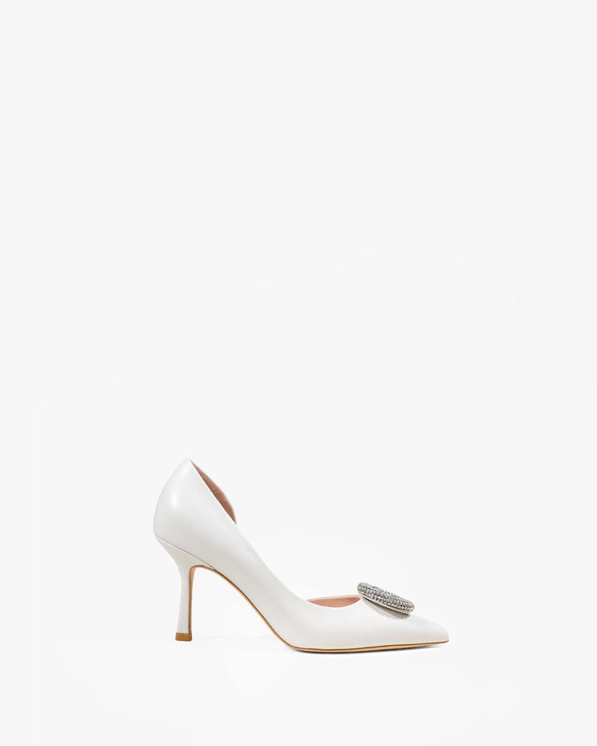 Escarpin en cuir blanc à bout pointu, talon aiguille et bijou strass cristaux Coco White