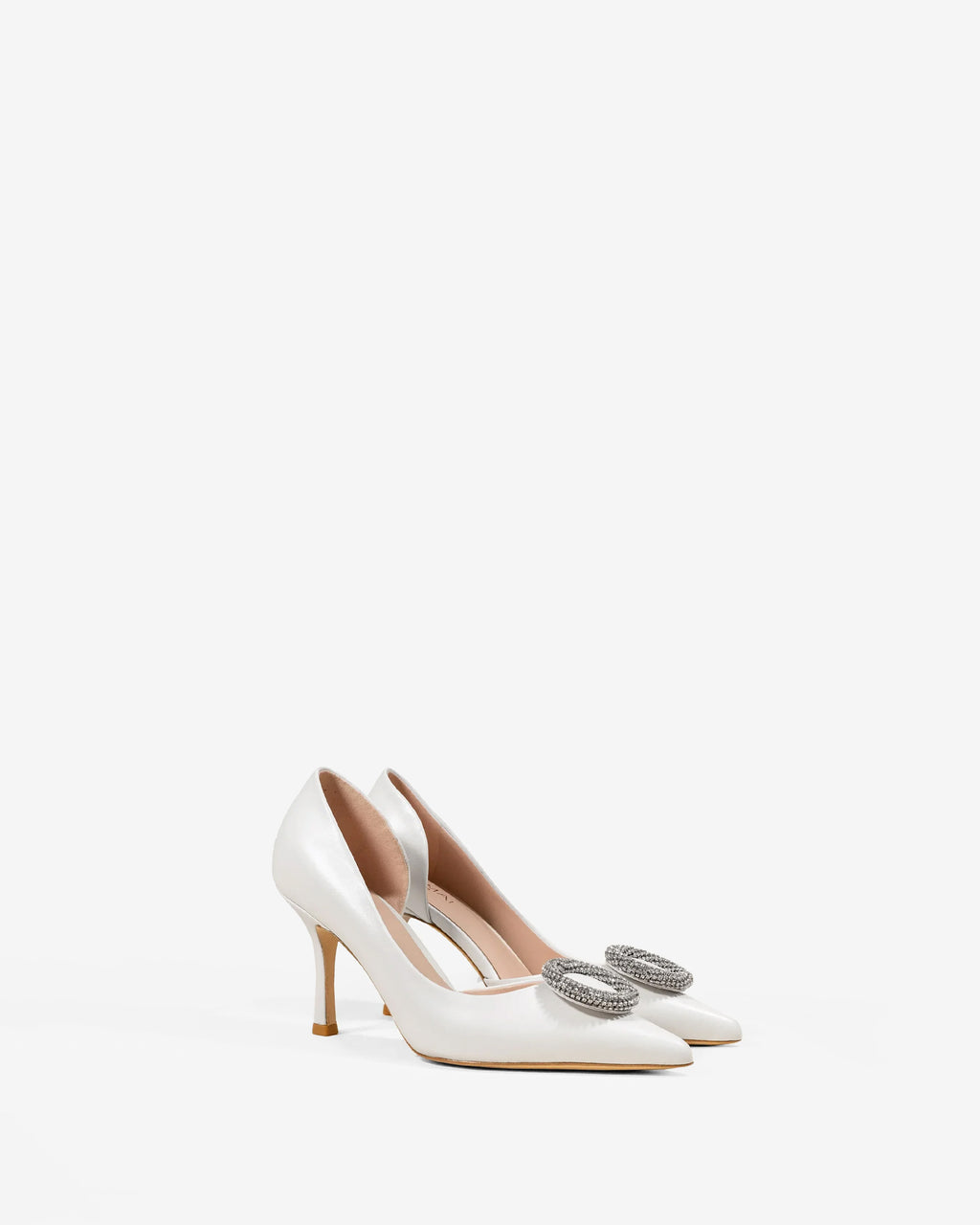 Escarpin en cuir blanc à bout pointu, talon aiguille et bijou strass cristaux Coco White