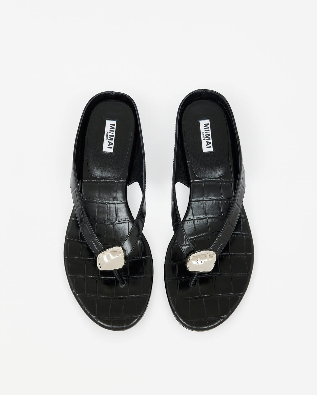 Nu-pied tongue en cuir façon crocodile noir et ornement bijou argenté Cristo Black Croc