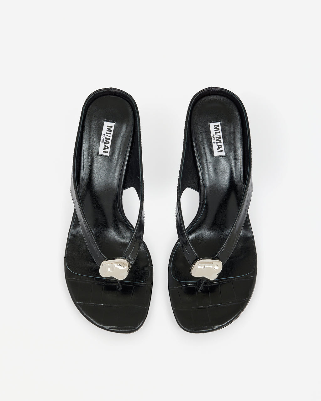 Sandale tongue à talon bas en cuir façon crocodile noir et ornement argenté Cristo High Black Croc