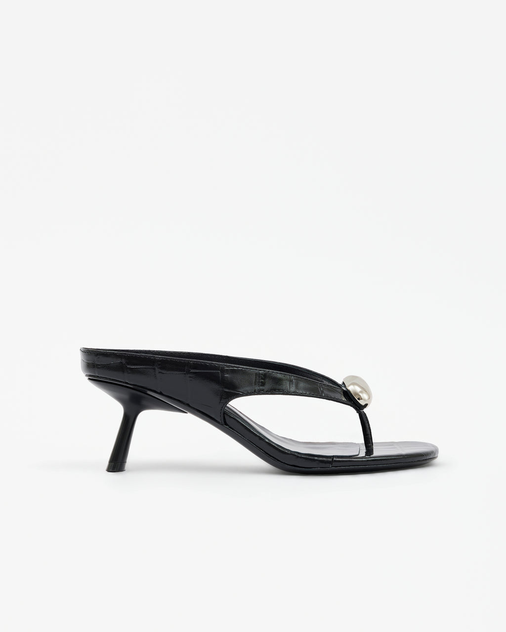 Sandale tongue à talon bas en cuir façon crocodile noir et ornement argenté Cristo High Black Croc