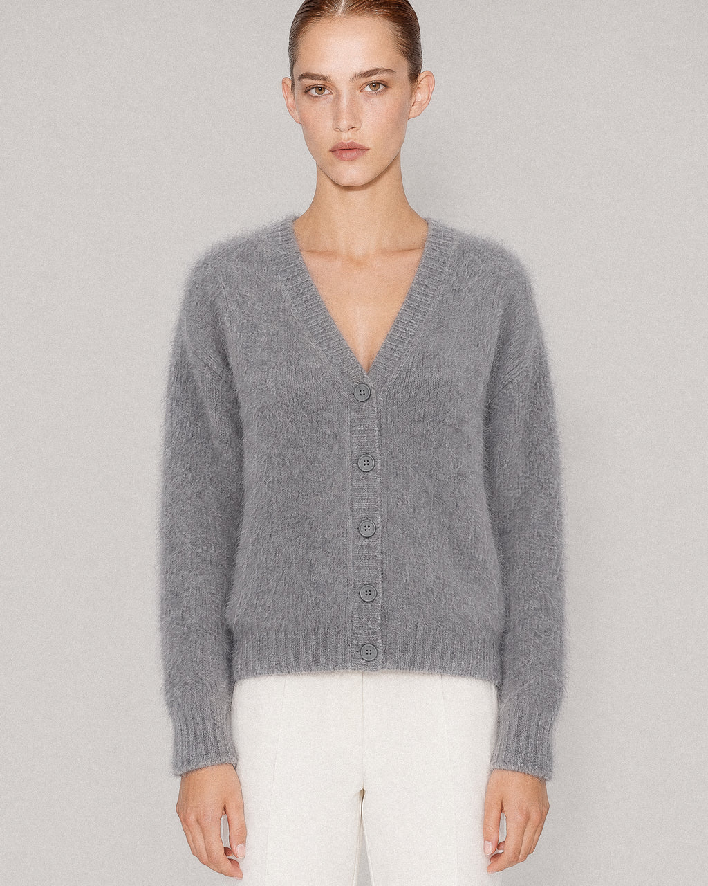 CARDIGAN COL V EN MAILLE DE RACCOON CARMI GREY