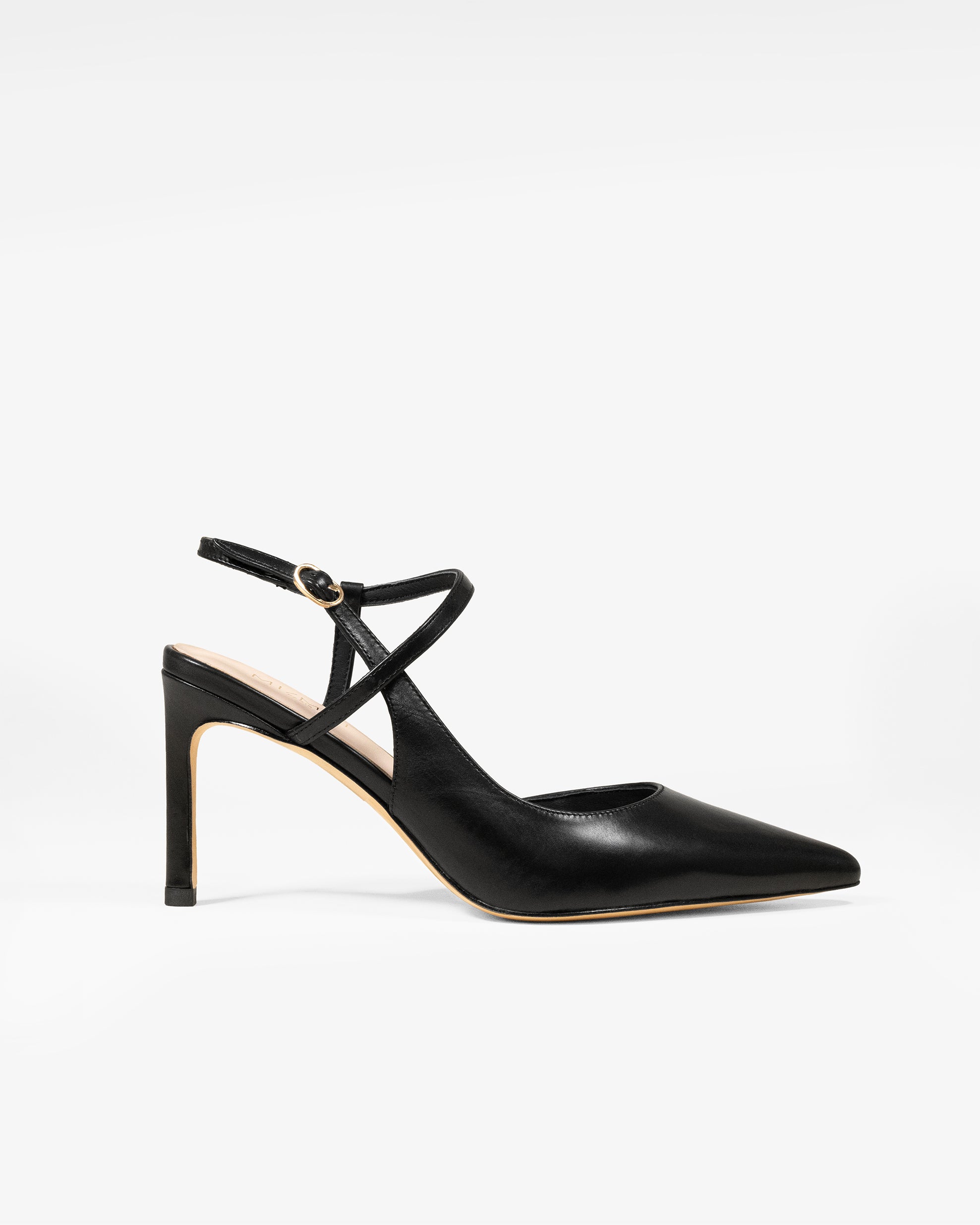 Escarpins à bout pointu, talon aiguille et bride en cuir noir cassé Emy Black