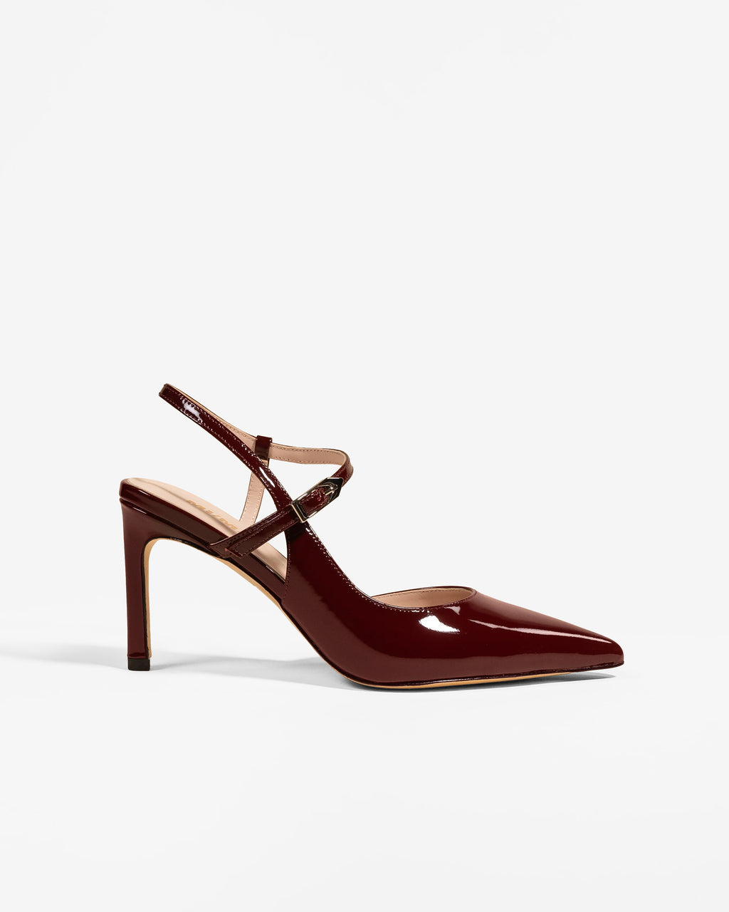 Escarpin sling back à bout pointu et bride en cuir verni bordeaux Emy Burgundy Patent