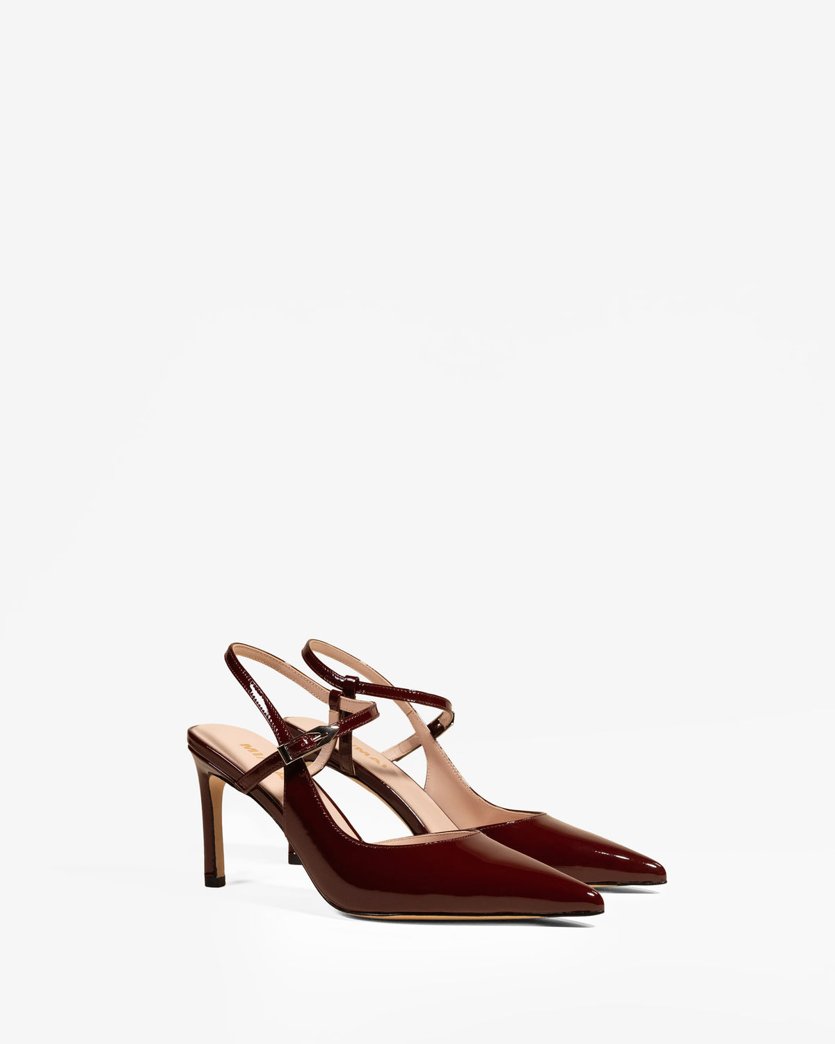 Emy Burgundy Patent pointed-toe slingback pump with burgundy patent leather strap