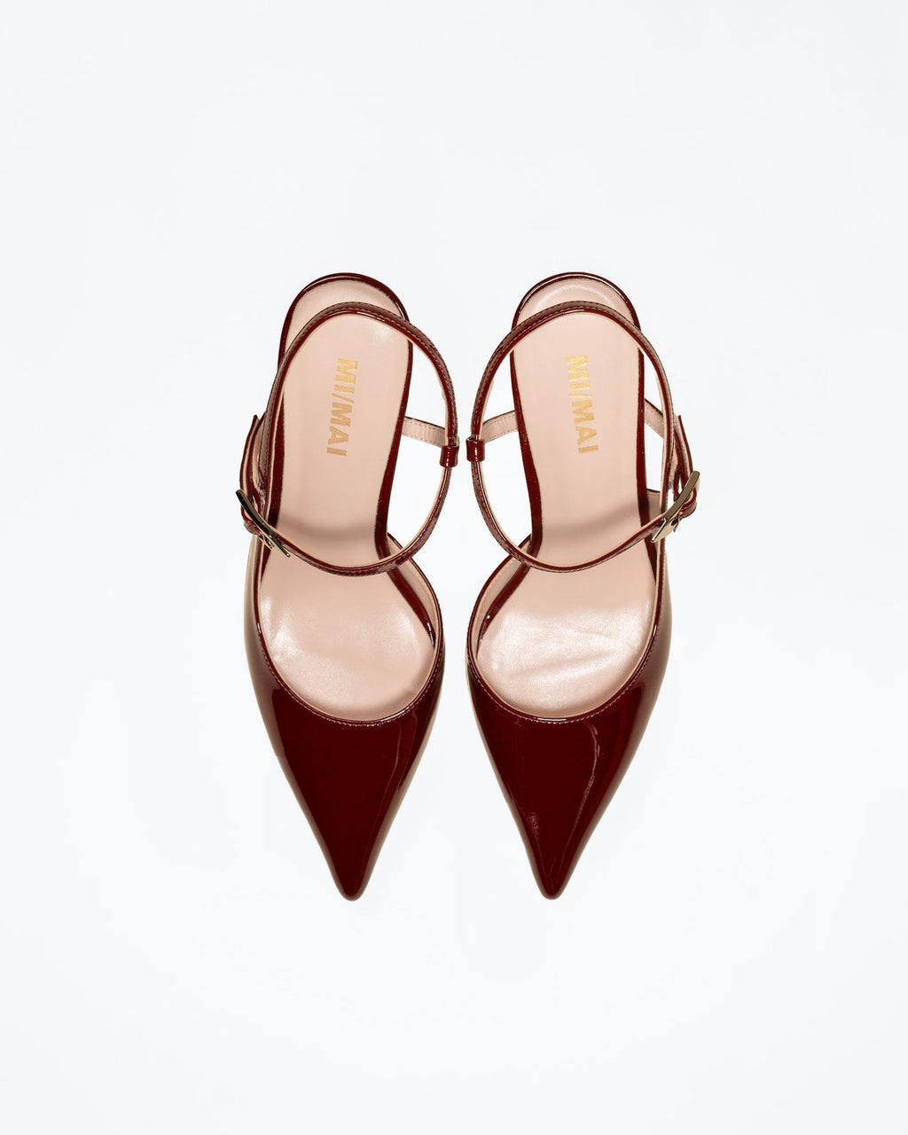 Emy Burgundy Patent pointed-toe slingback pump with burgundy patent leather strap