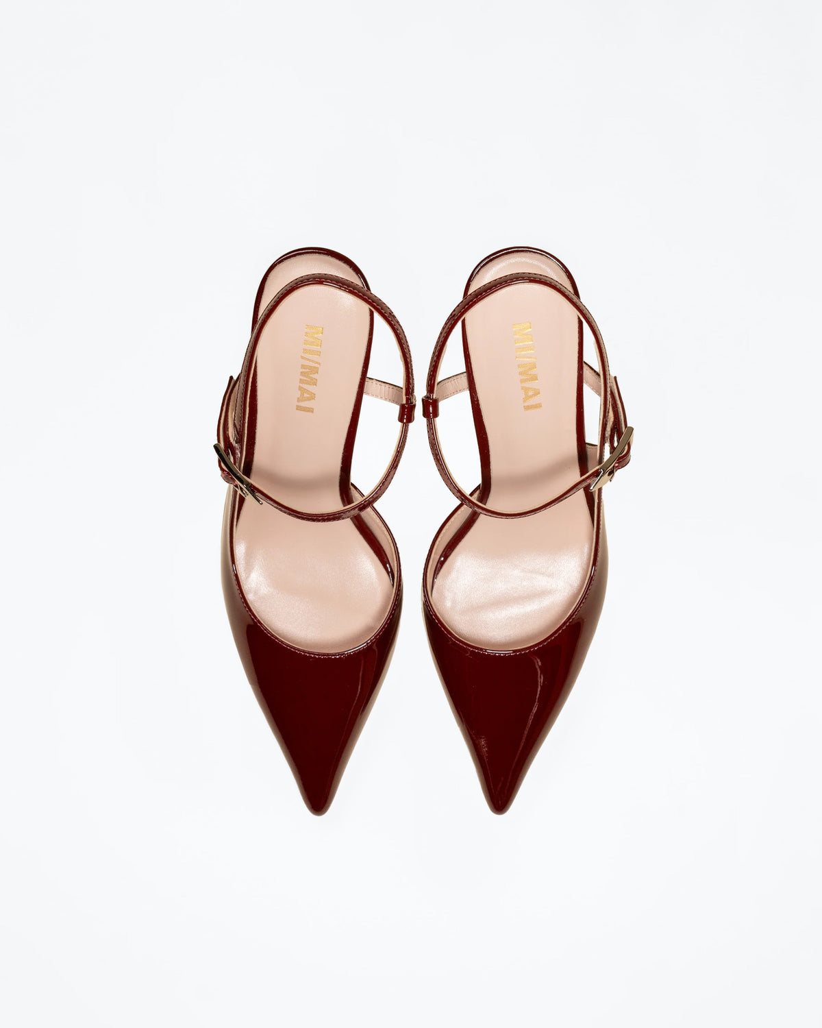 Emy Burgundy Patent pointed-toe slingback pump with burgundy patent leather strap
