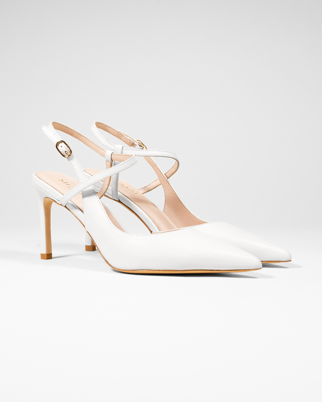 Escarpin en cuir blanc à bout pointu, talon aiguille et bride Emy Pure White