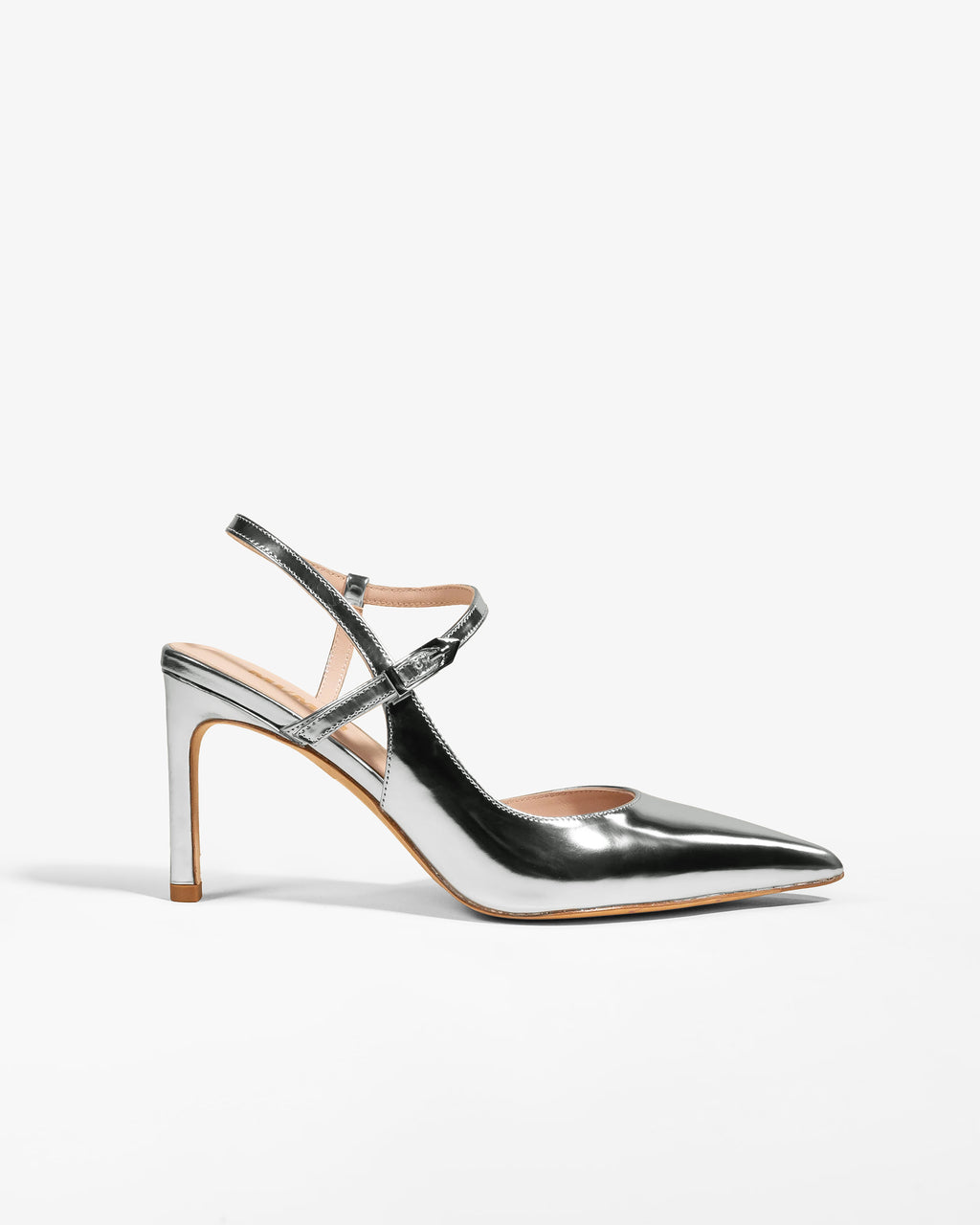 Escarpin sling back à bout pointu et bride en cuir argenté Emy Silver Mirror