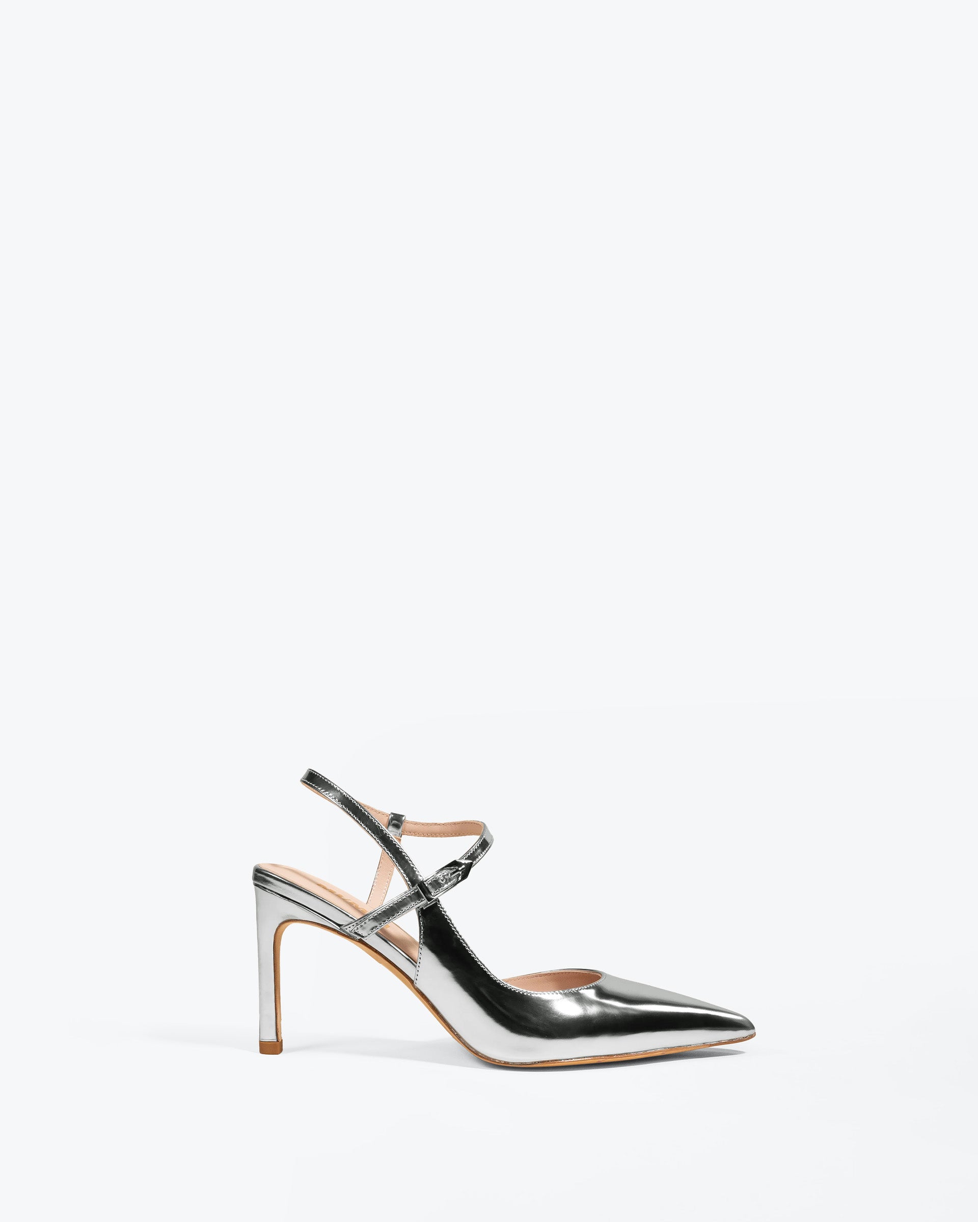 Escarpin sling back à bout pointu et bride en cuir argenté Emy Silver Mirror