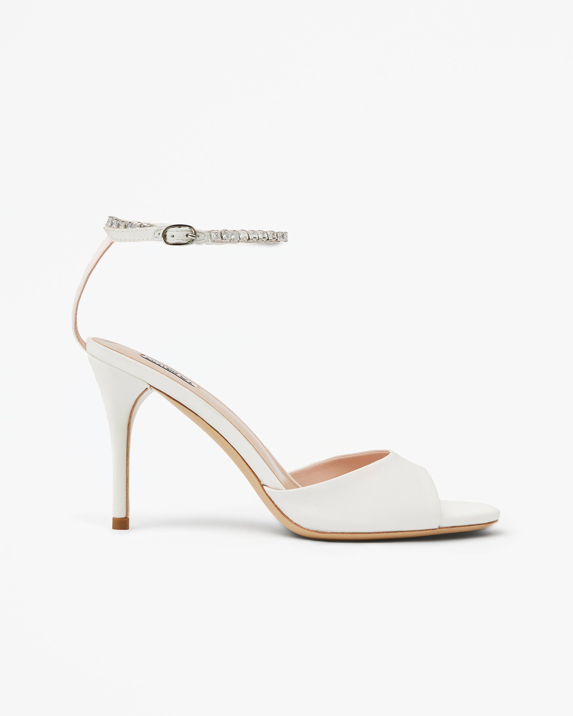 Sandale en satin blanc à talon haut et bride cheville à strass cristaux Flavia White Satin