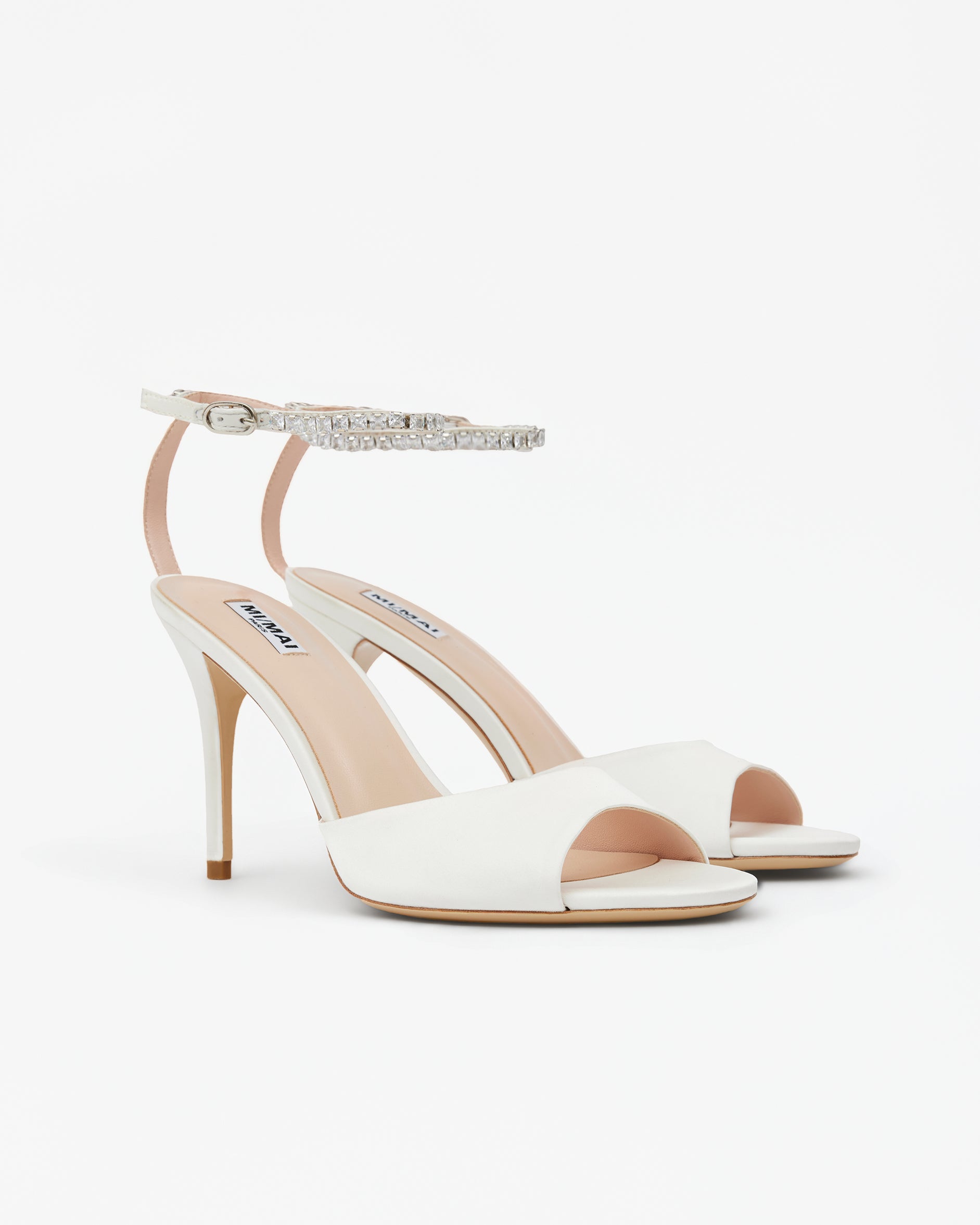 Sandale en satin blanc à talon haut et bride cheville à strass cristaux Flavia White Satin
