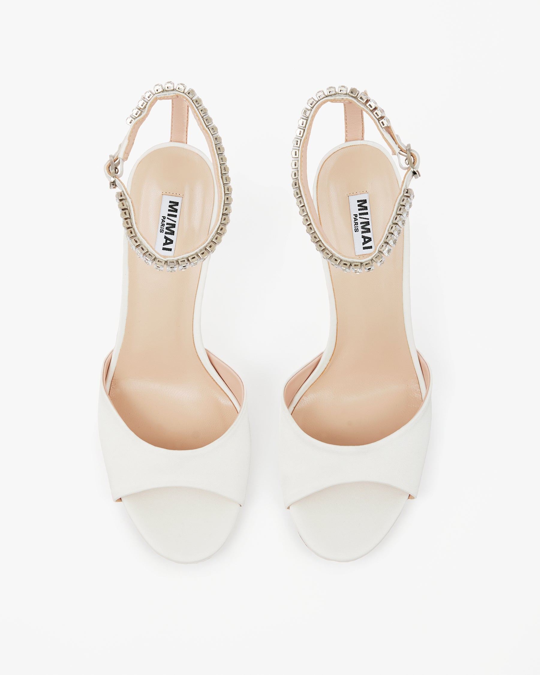 Sandale en satin blanc à talon haut et bride cheville à strass cristaux Flavia White Satin