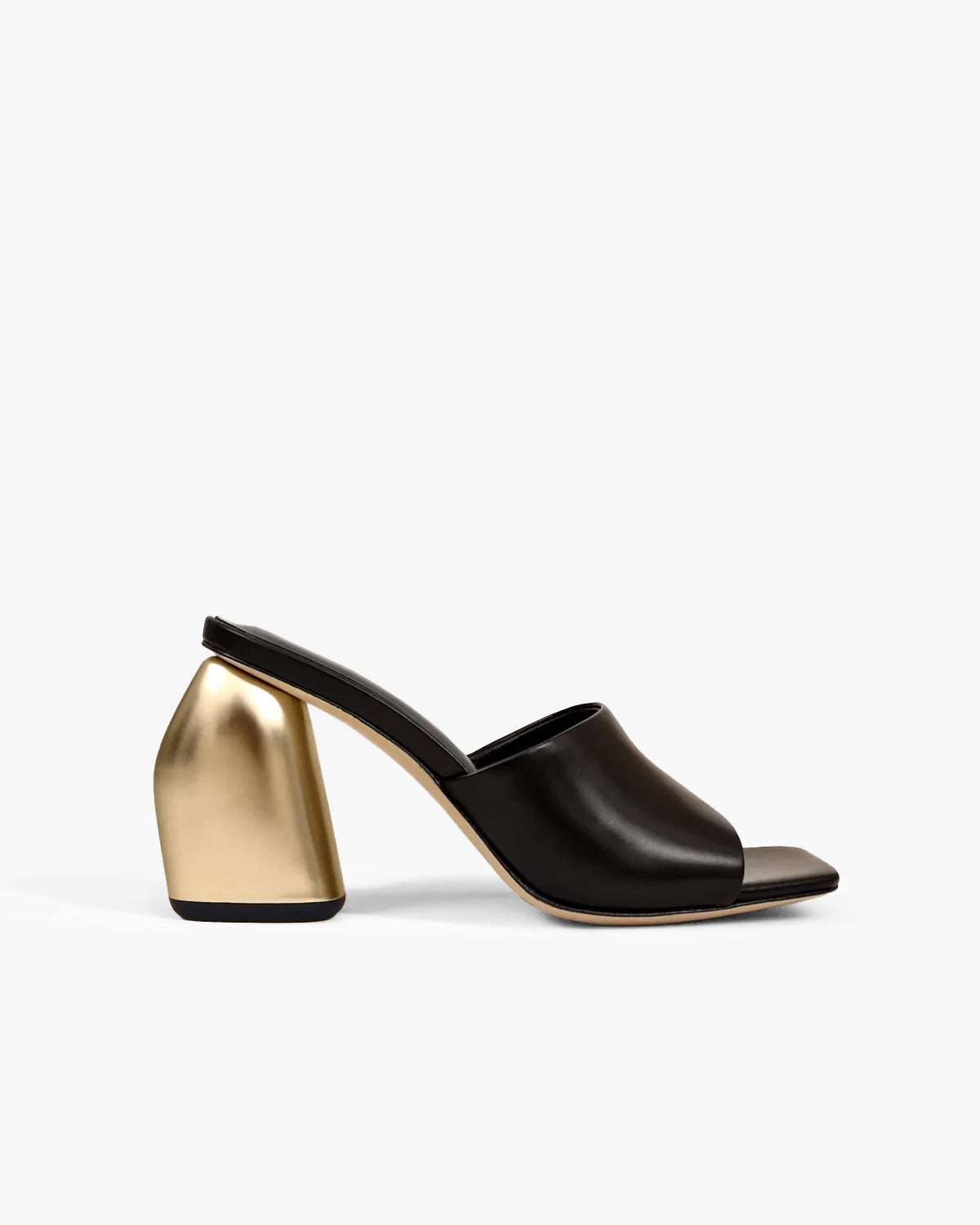 Gemma High Black Gold black leather mule with a wide, high gold heel