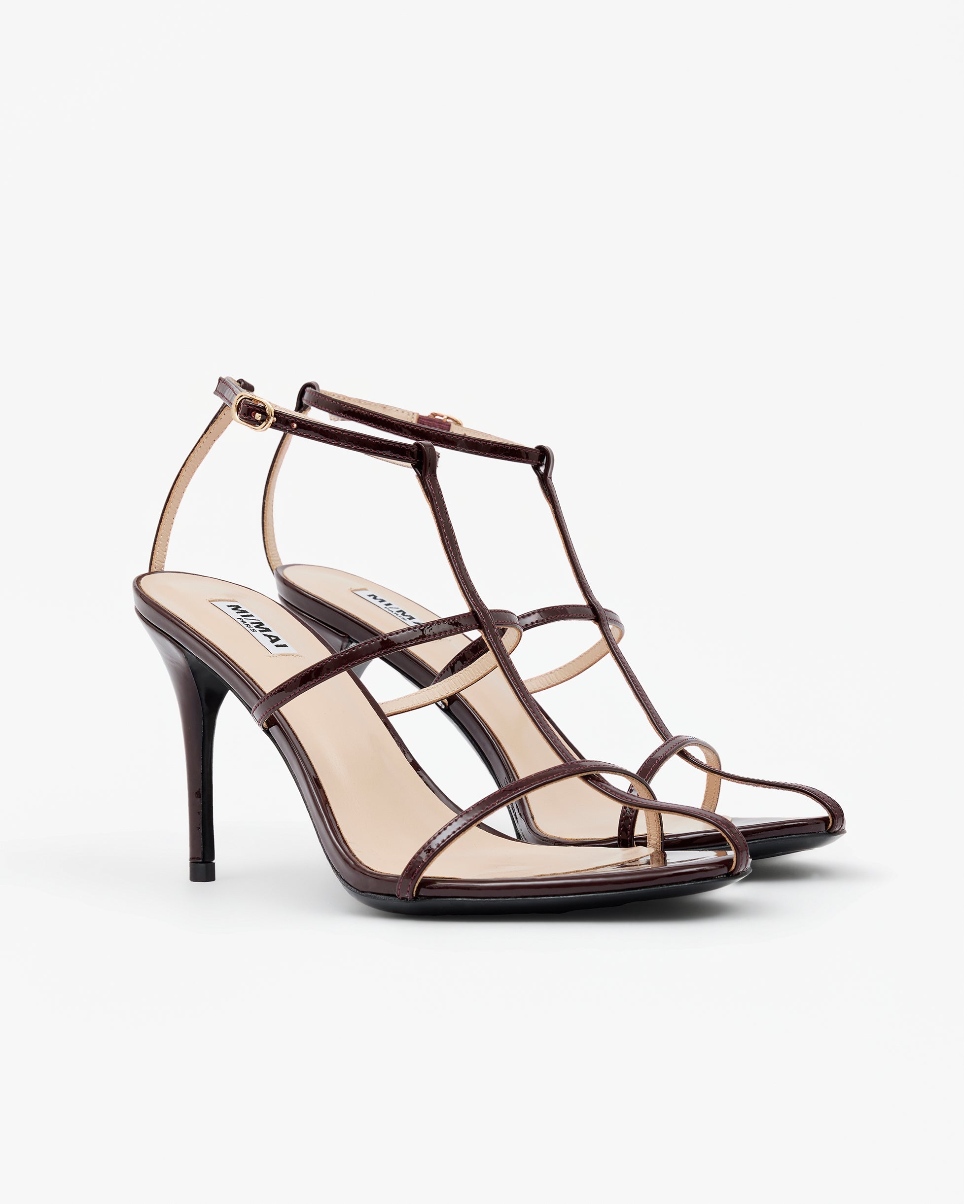 Isamu Chocolate Patent multi-strap mule with high heel and square toe in brown patent leather