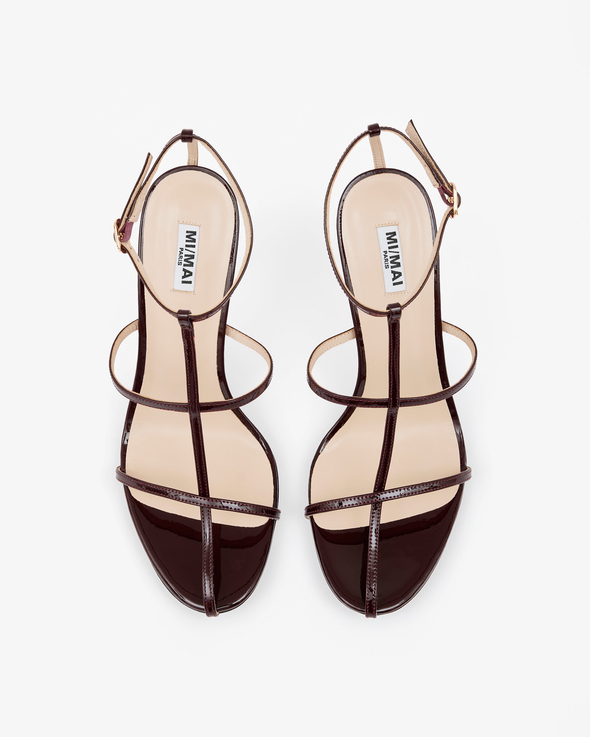 Isamu Chocolate Patent multi-strap mule with high heel and square toe in brown patent leather