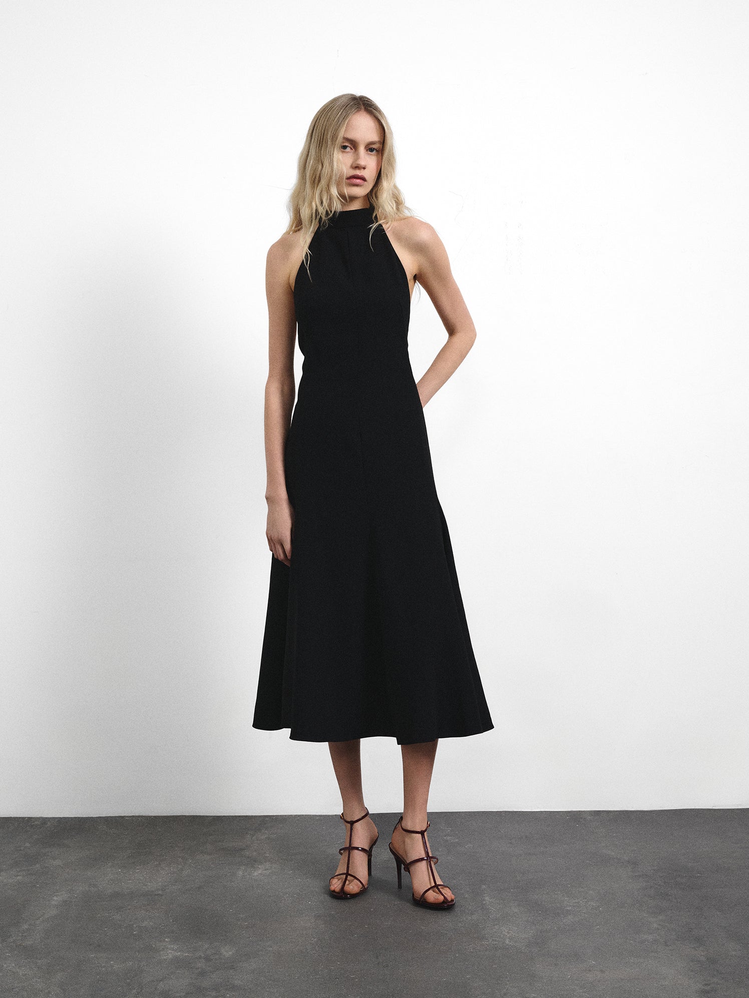 Isamu Chocolate Patent multi-strap mule with high heel and square toe in brown patent leather