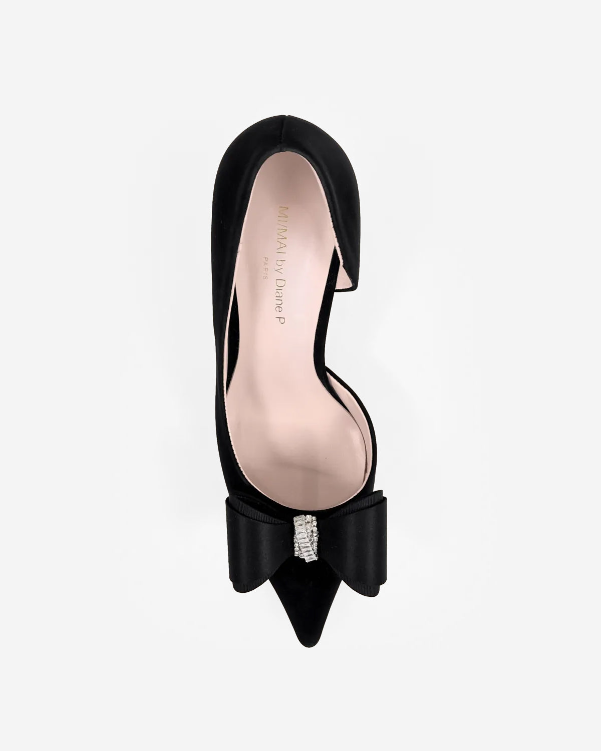 Iris Black Leather pointed-toe black pumps with bow and rhinestone embellishment