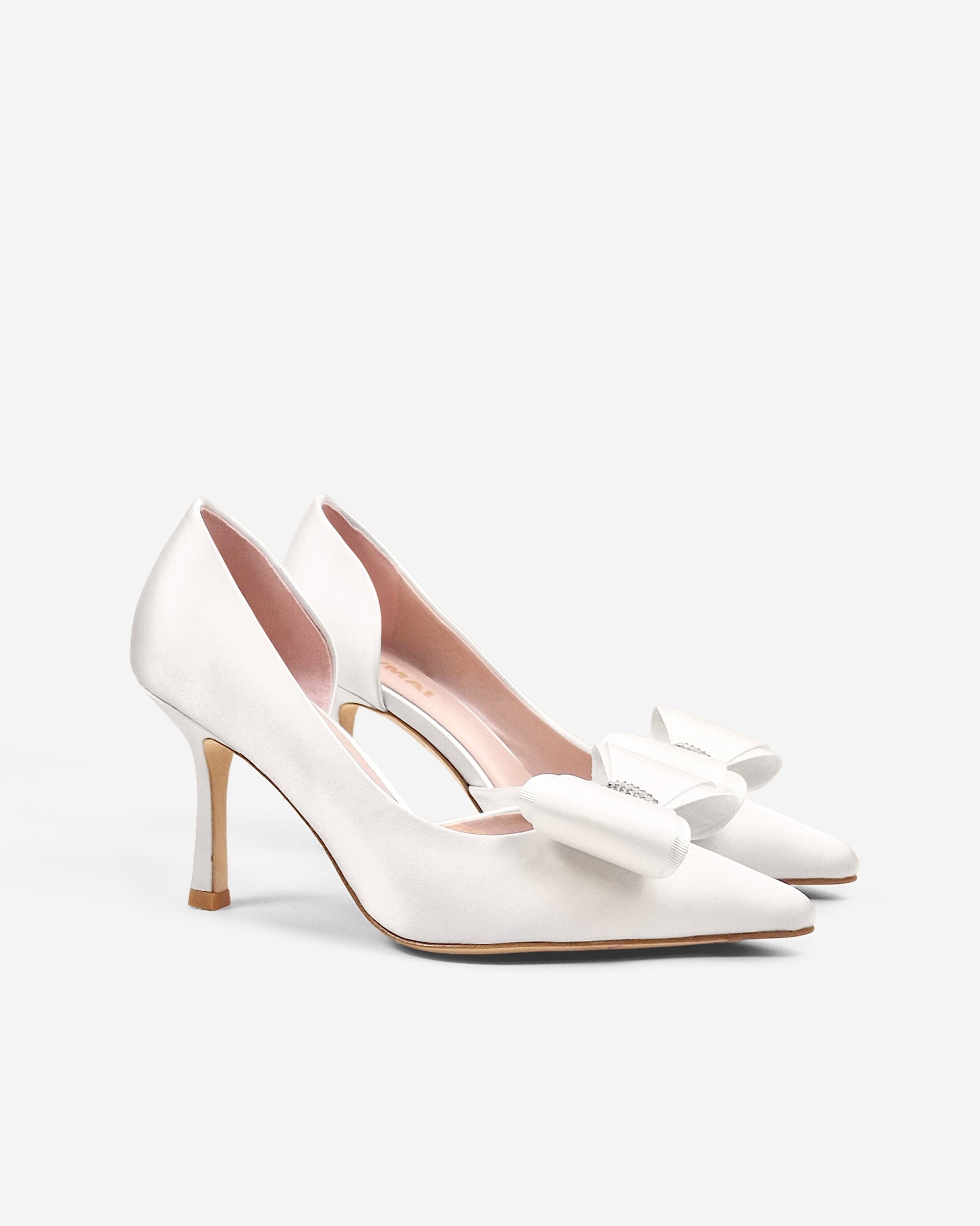 Iris White Satin white satin pumps with bow and rhinestone embellishment
