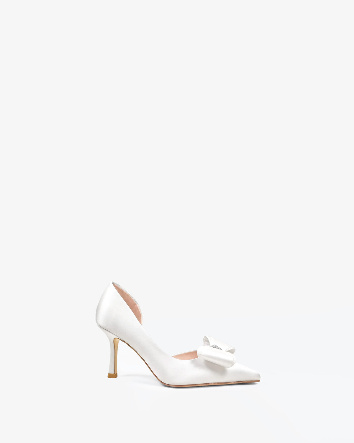Iris White Satin white satin pumps with bow and rhinestone embellishment
