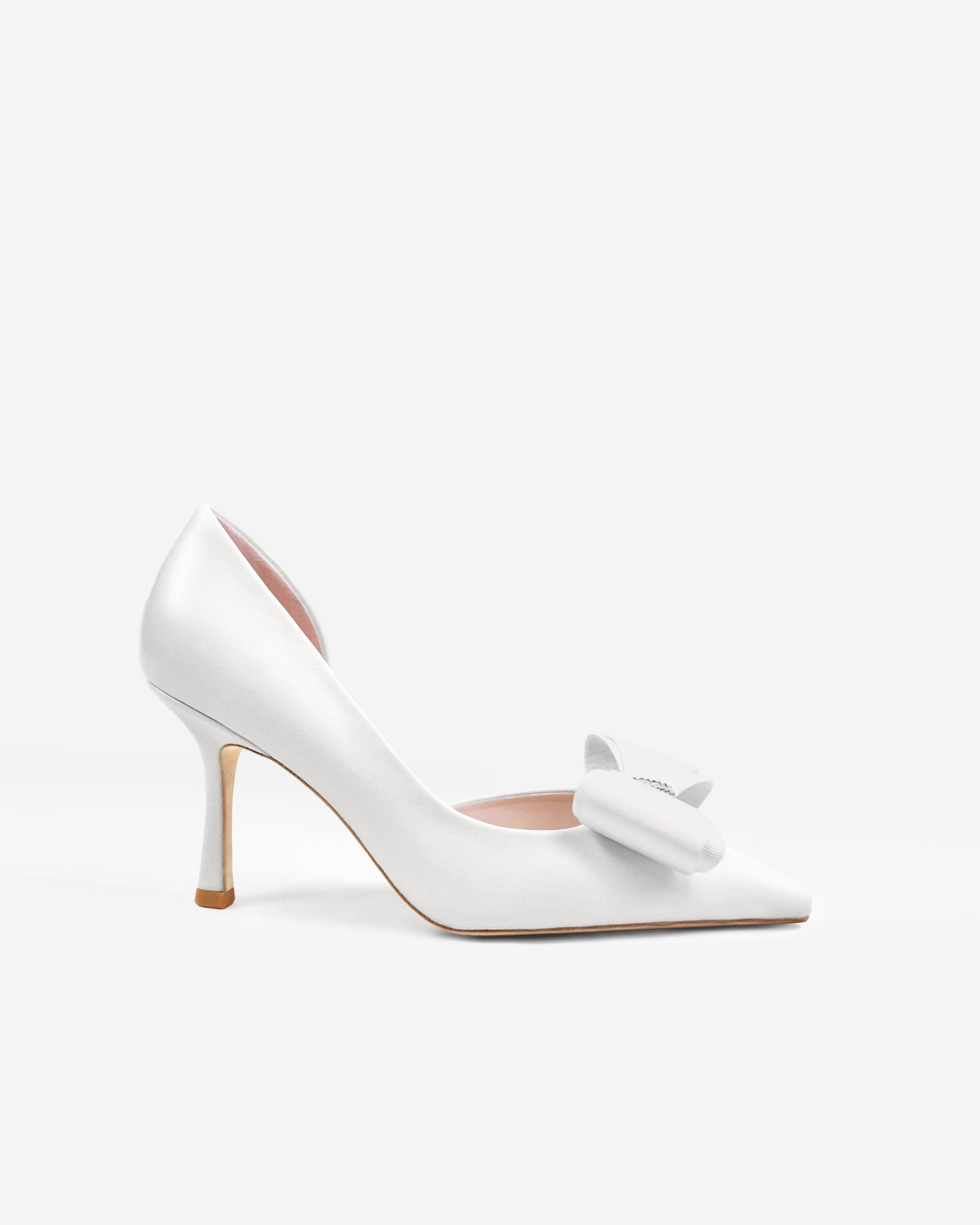 Iris White Leather pointed-toe pumps with bow and rhinestone embellishment