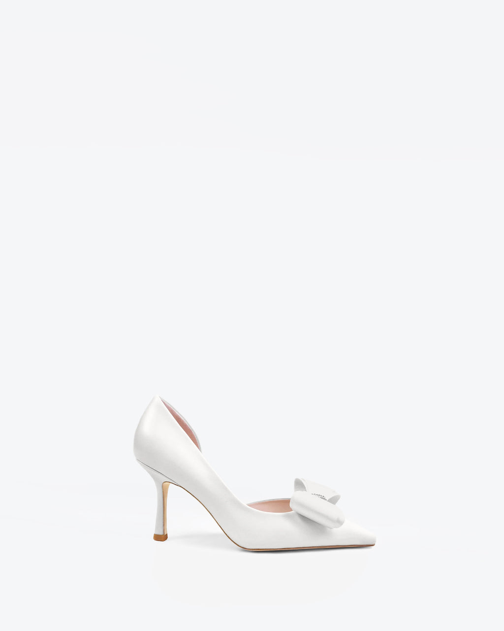 Iris White Leather pointed-toe pumps with bow and rhinestone embellishment